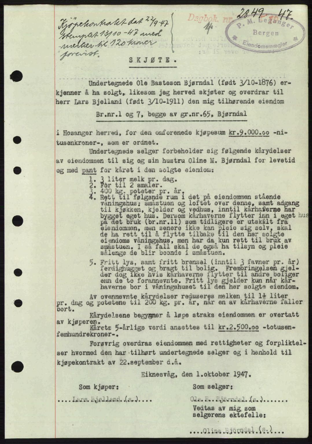Nordhordland sorenskrivar, SAB/A-2901/1/G/Gb/Gbf/L0032: Mortgage book no. A32, 1947-1947, Diary no: : 2849/1947