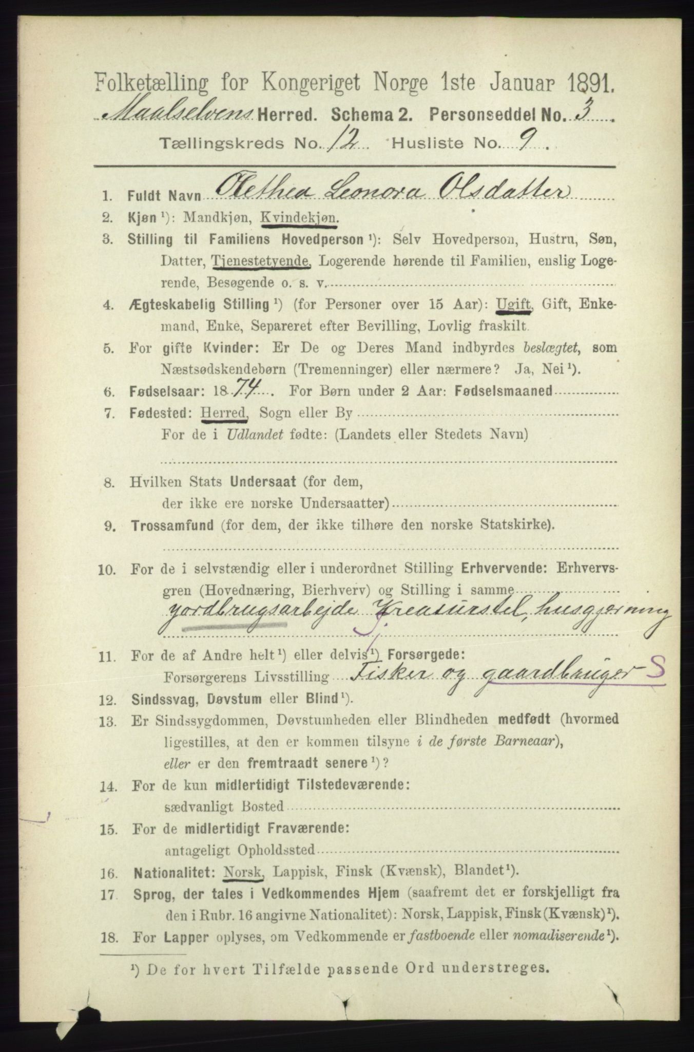 RA, 1891 census for 1924 Målselv, 1891, p. 3844