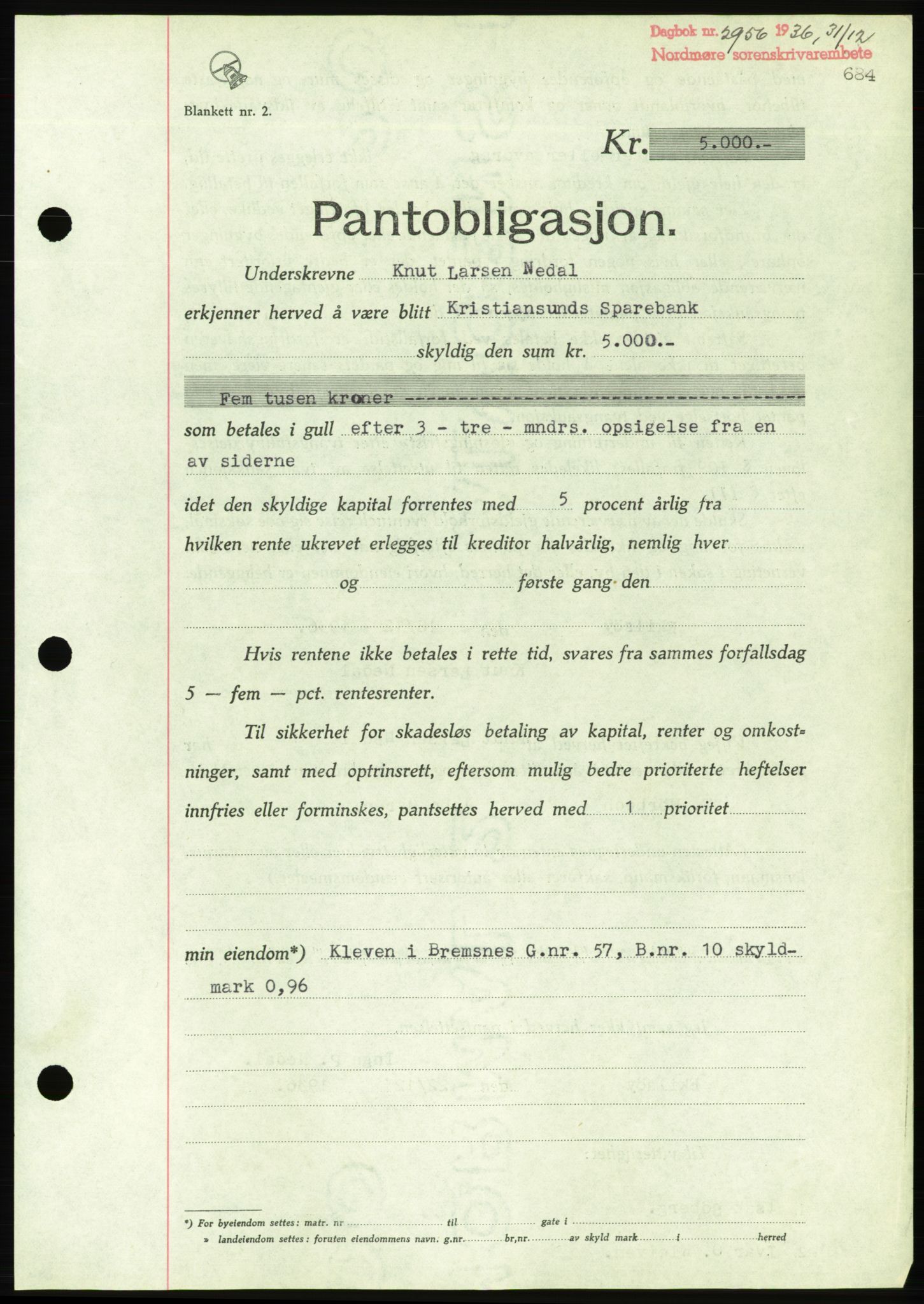 Nordmøre sorenskriveri, AV/SAT-A-4132/1/2/2Ca/L0090: Mortgage book no. B80, 1936-1937, Diary no: : 2956/1936