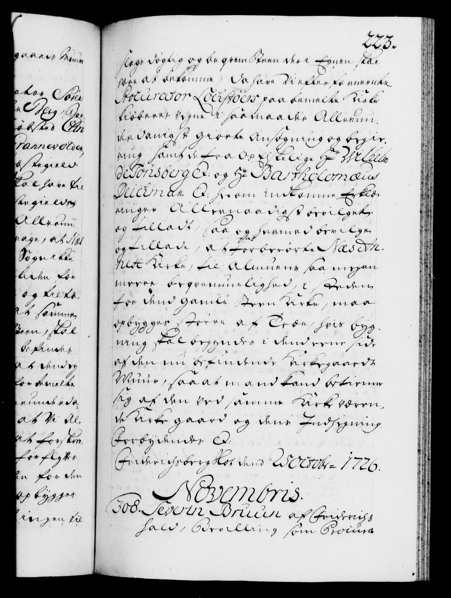 Danske Kanselli 1572-1799, RA/EA-3023/F/Fc/Fca/Fcaa/L0025: Norske registre, 1726-1728, p. 223a