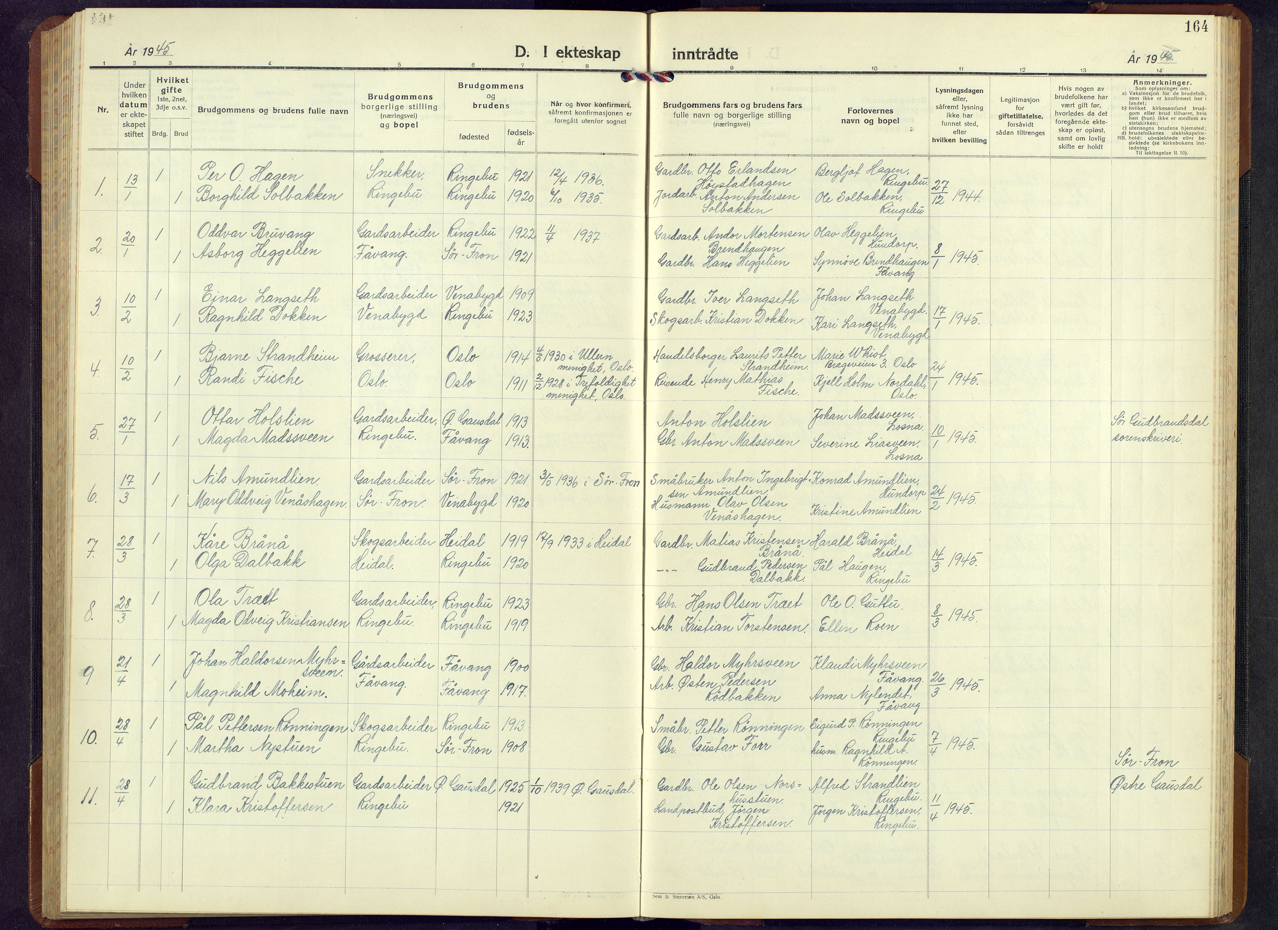 Ringebu prestekontor, SAH/PREST-082/H/Ha/Hab/L0013: Parish register (copy) no. 13, 1943-1956, p. 164