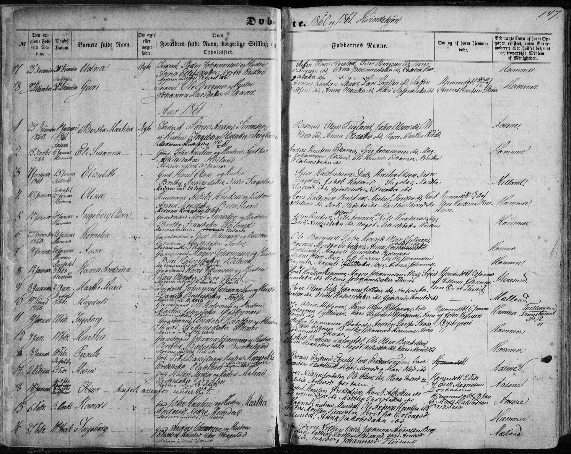 Hamre sokneprestembete, AV/SAB-A-75501/H/Ha/Haa/Haaa/L0014: Parish register (official) no. A 14, 1858-1872, p. 147