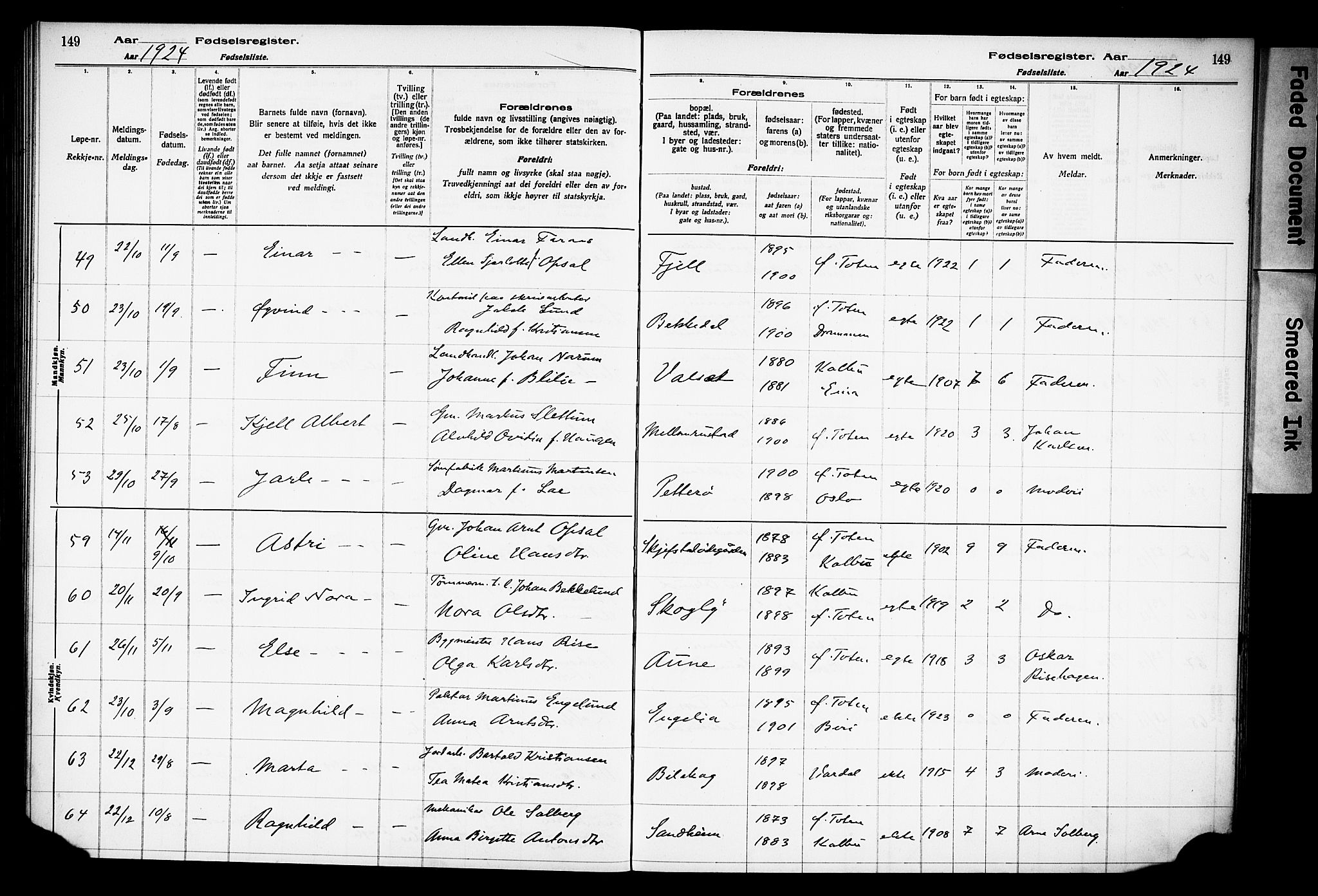 Østre Toten prestekontor, AV/SAH-PREST-104/I/Id/L0001/0001: Birth register no. 1.1, 1916-1928, p. 149