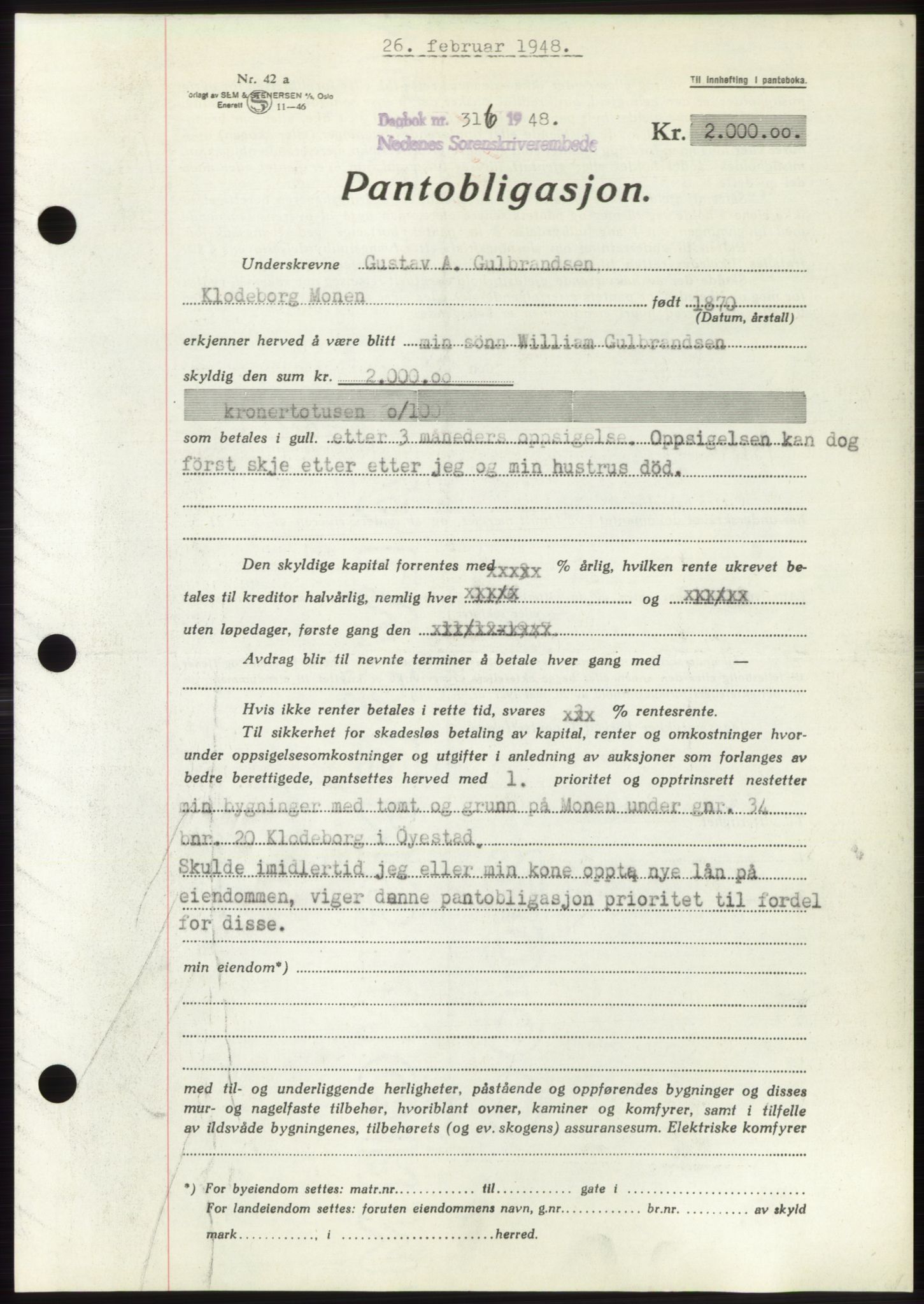 Nedenes sorenskriveri, AV/SAK-1221-0006/G/Gb/Gbb/L0005: Mortgage book no. B5, 1948-1948, Diary no: : 316/1948