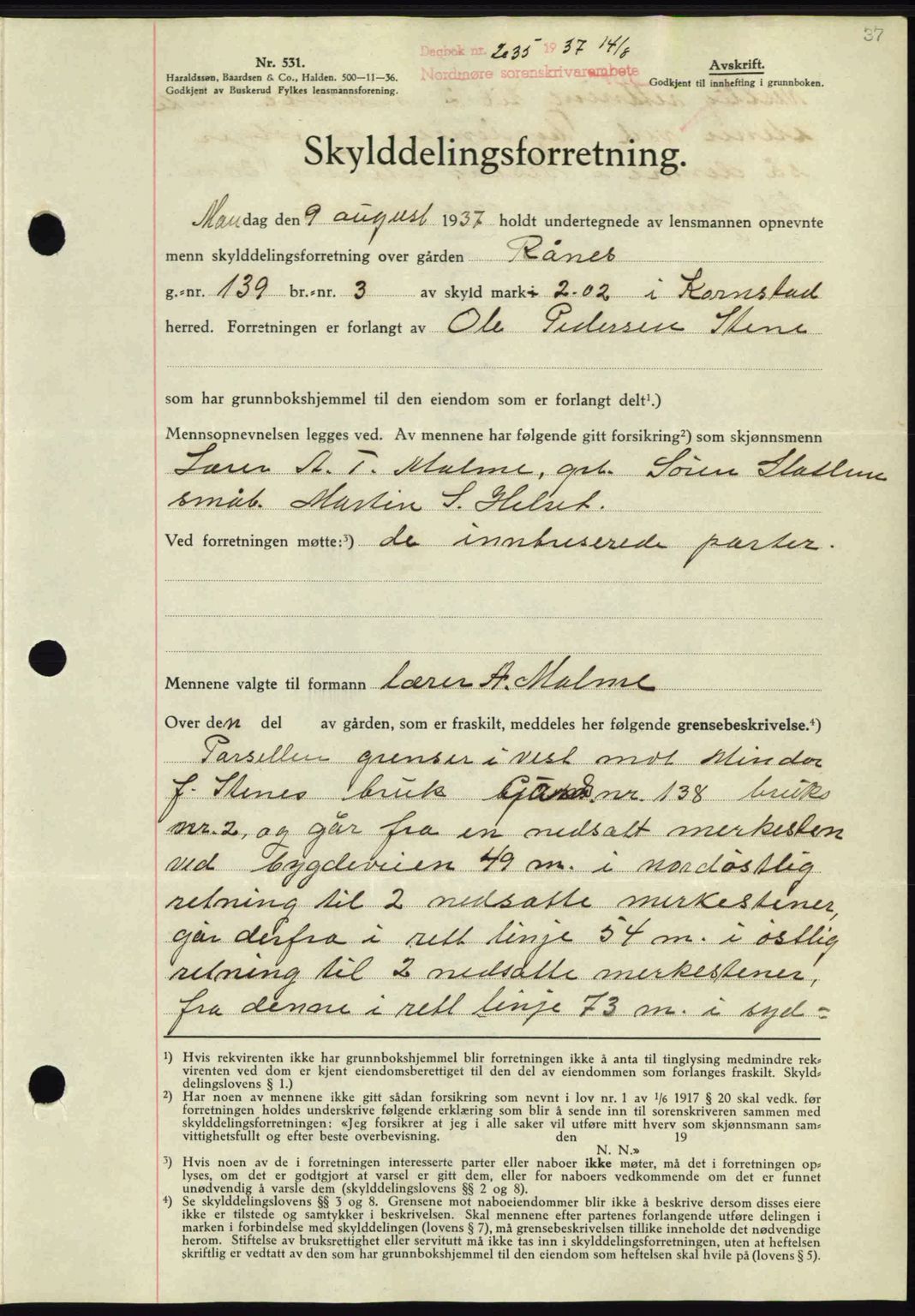 Nordmøre sorenskriveri, SAT/A-4132/1/2/2Ca: Mortgage book no. A82, 1937-1938, Diary no: : 2035/1937