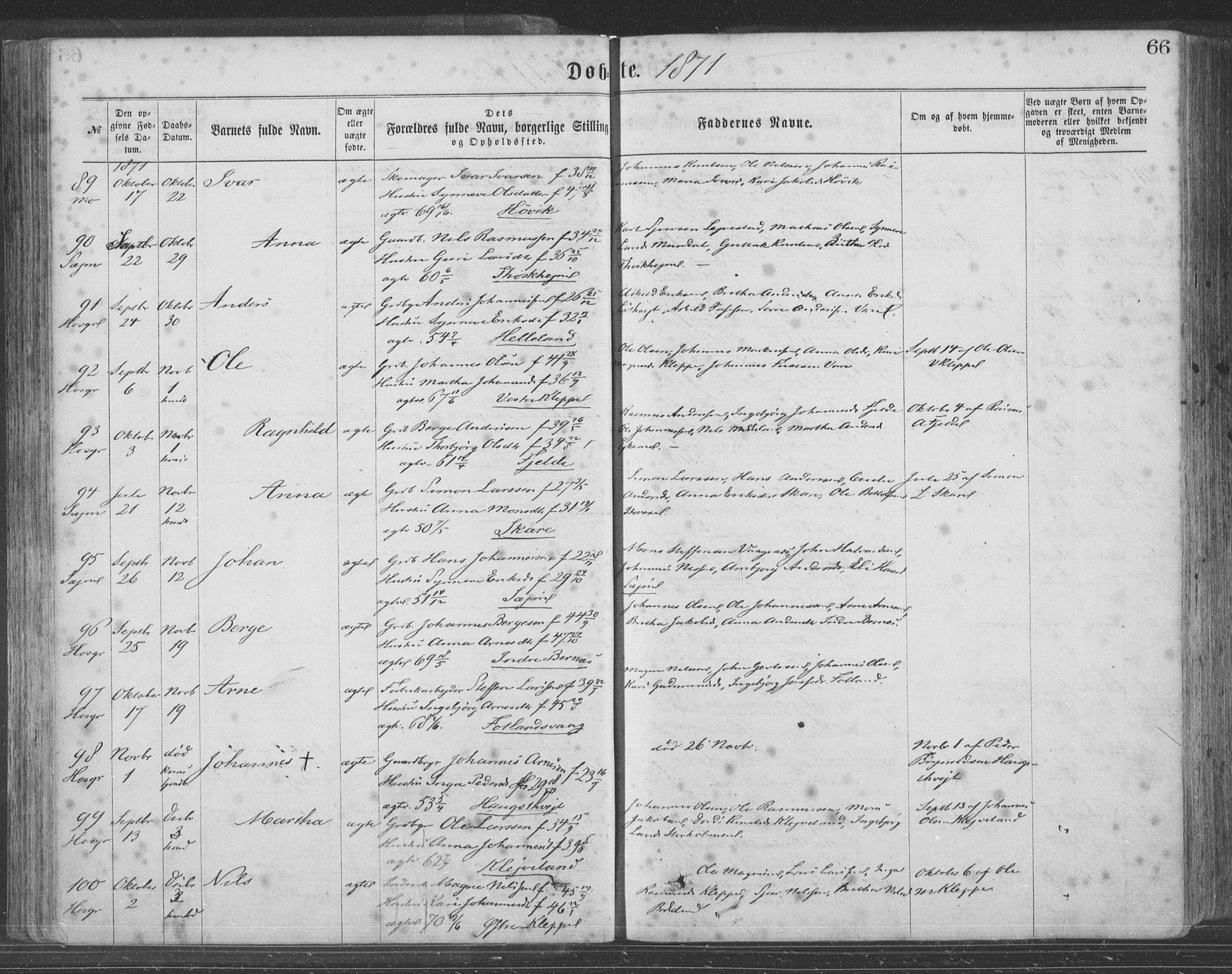 Hosanger sokneprestembete, SAB/A-75801/H/Haa: Parish register (official) no. A 9, 1864-1876, p. 66