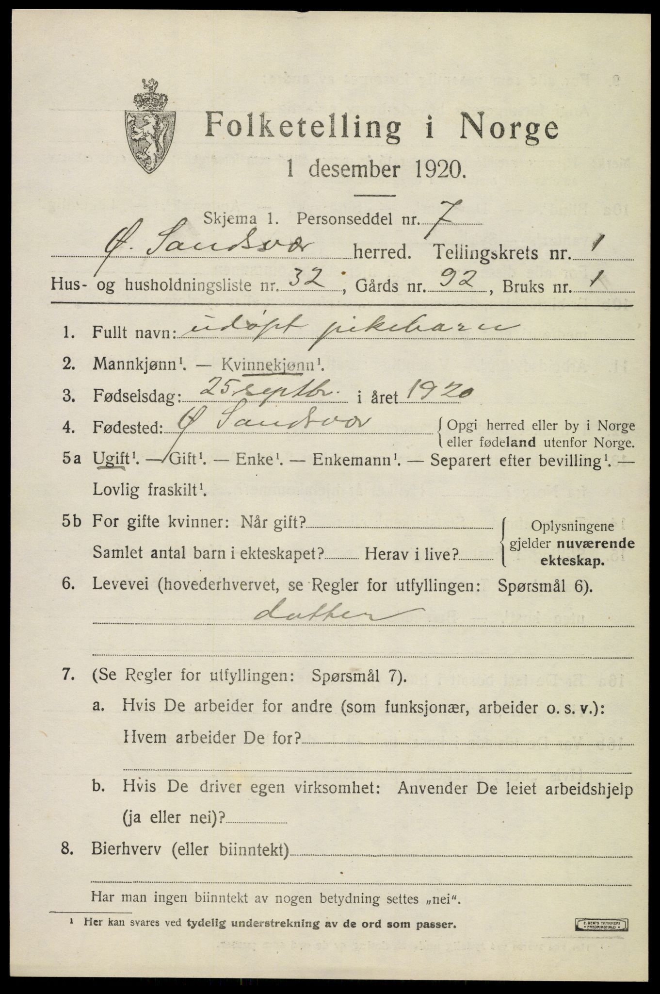SAKO, 1920 census for Øvre Sandsvær, 1920, p. 1332