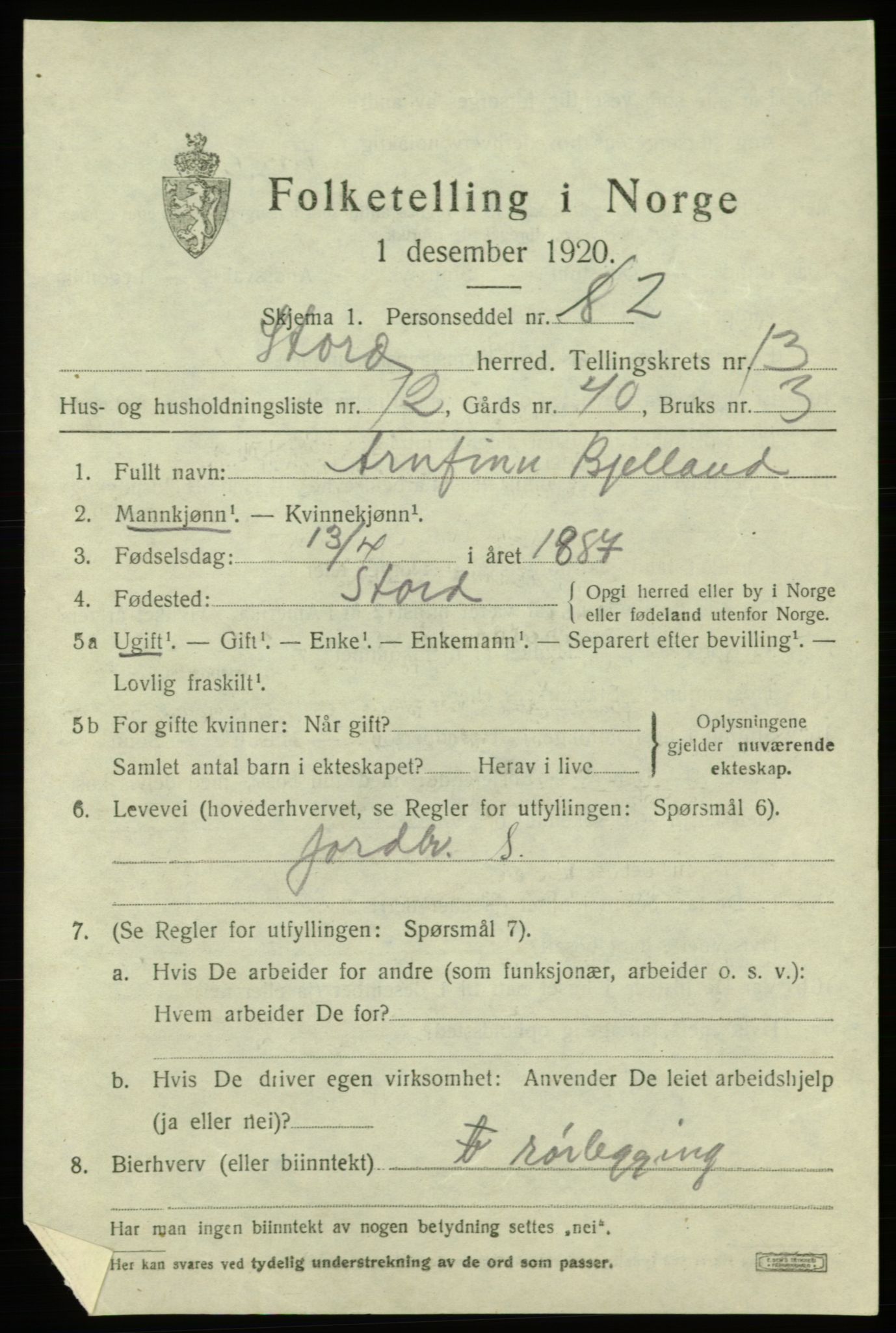 SAB, 1920 census for Stord, 1920, p. 7567