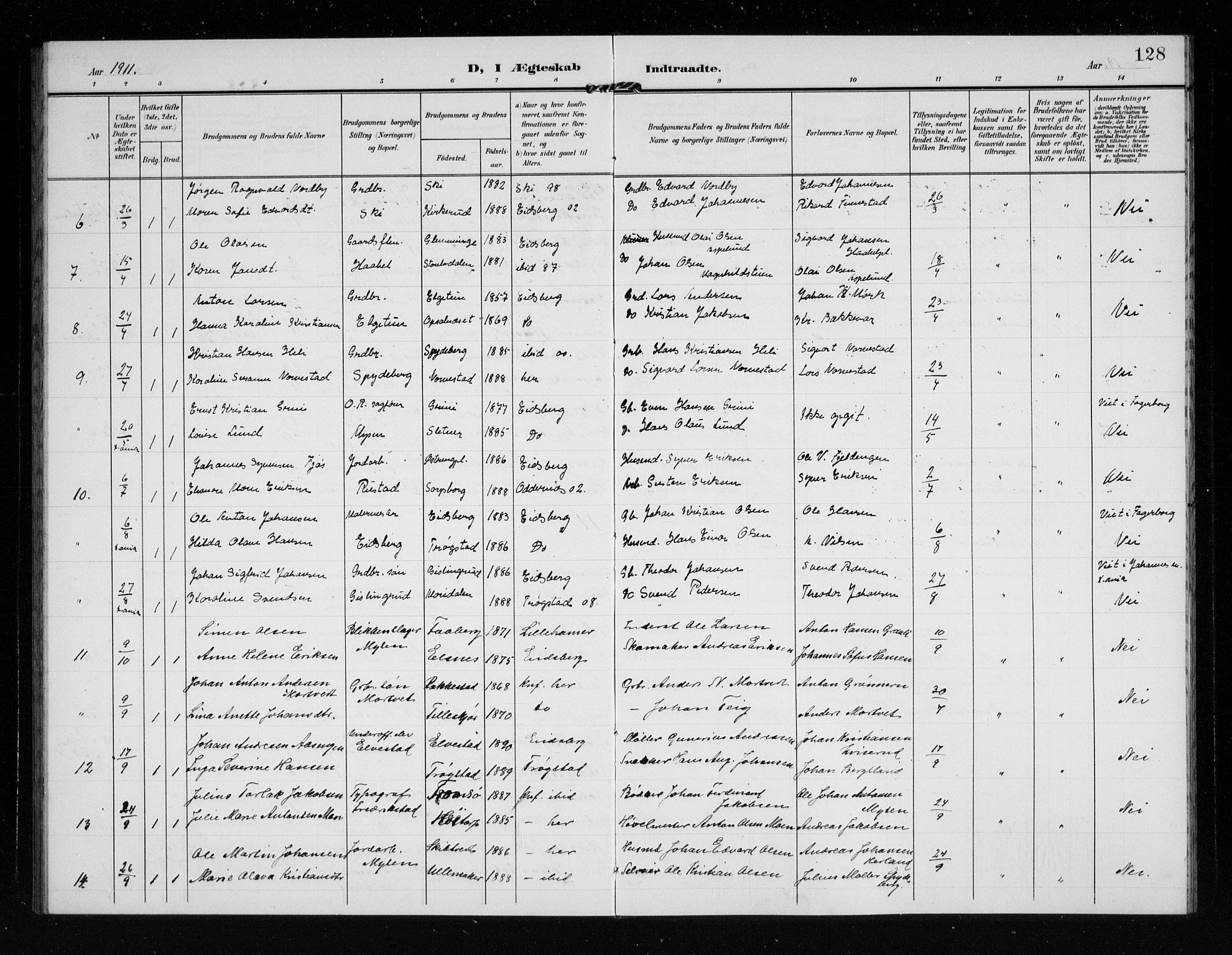 Eidsberg prestekontor Kirkebøker, AV/SAO-A-10905/G/Ga/L0002: Parish register (copy) no. I 2, 1903-1913, p. 128