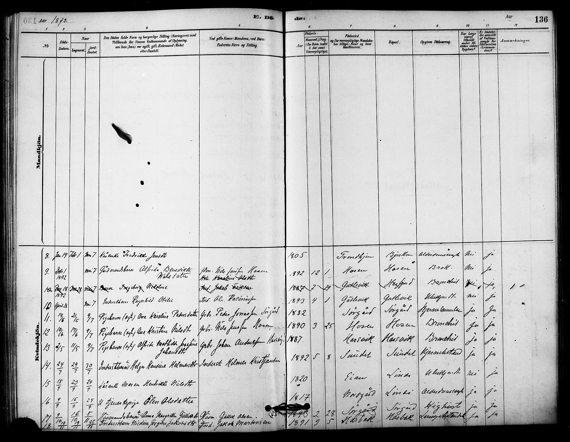 Ministerialprotokoller, klokkerbøker og fødselsregistre - Sør-Trøndelag, SAT/A-1456/656/L0692: Parish register (official) no. 656A01, 1879-1893, p. 136