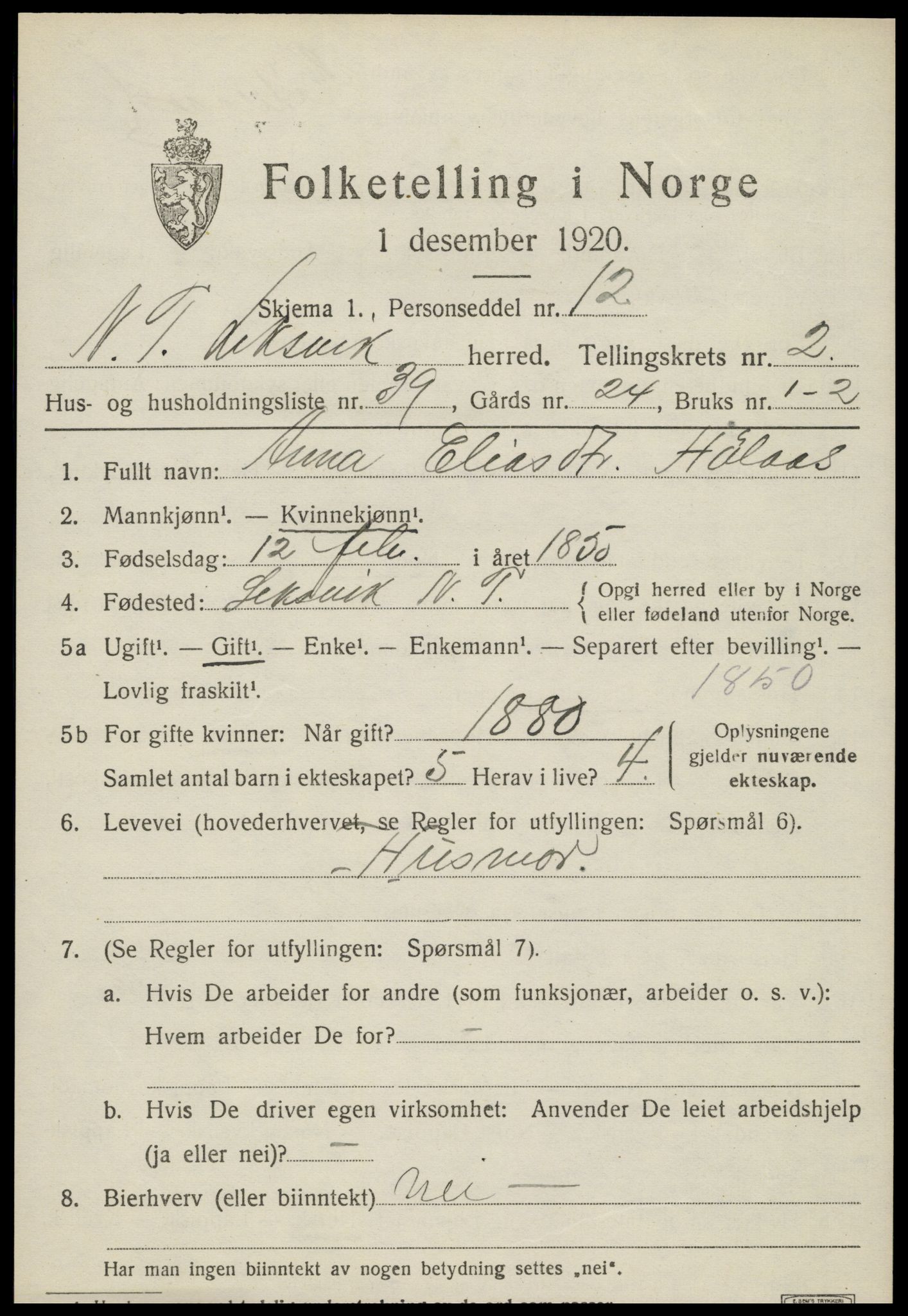 SAT, 1920 census for Leksvik, 1920, p. 2230