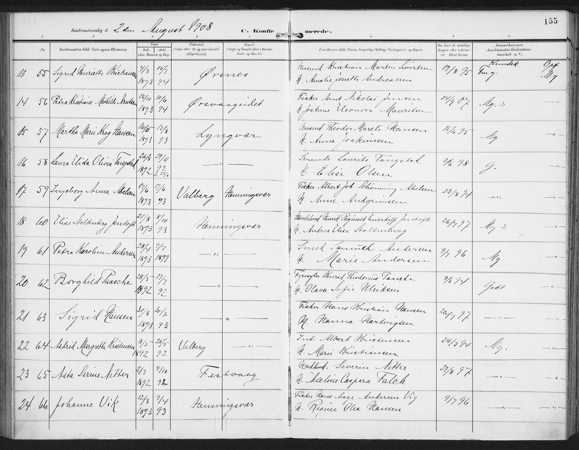 Ministerialprotokoller, klokkerbøker og fødselsregistre - Nordland, AV/SAT-A-1459/874/L1063: Parish register (official) no. 874A07, 1907-1915, p. 155