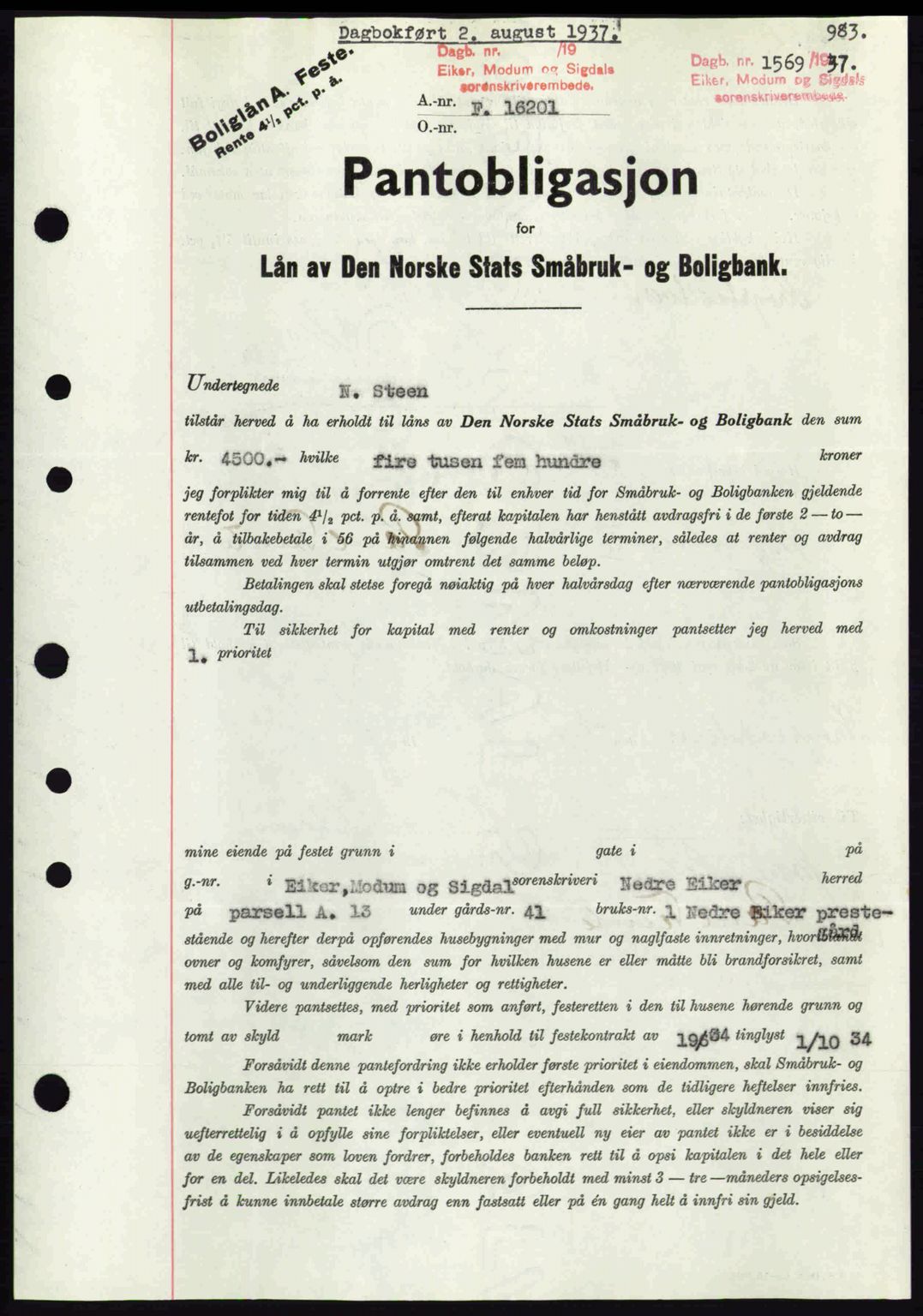 Eiker, Modum og Sigdal sorenskriveri, SAKO/A-123/G/Ga/Gab/L0035: Mortgage book no. A5, 1937-1937, Diary no: : 1569/1937