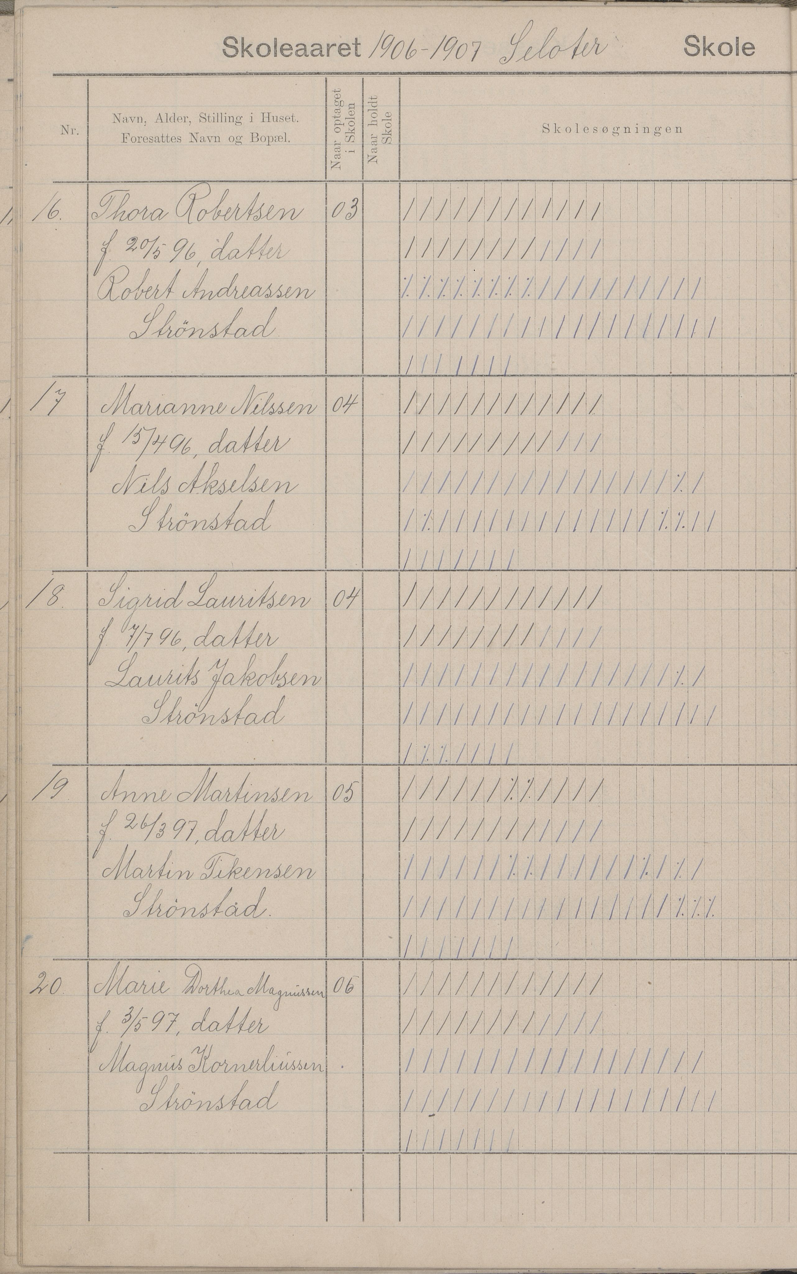 Hadsel kommune. Strønstad skolekrets, AIN/K-18660.510.13/G/L0001: Skoleprotokoll for Strønstad skole - Seloter, 1905-1914