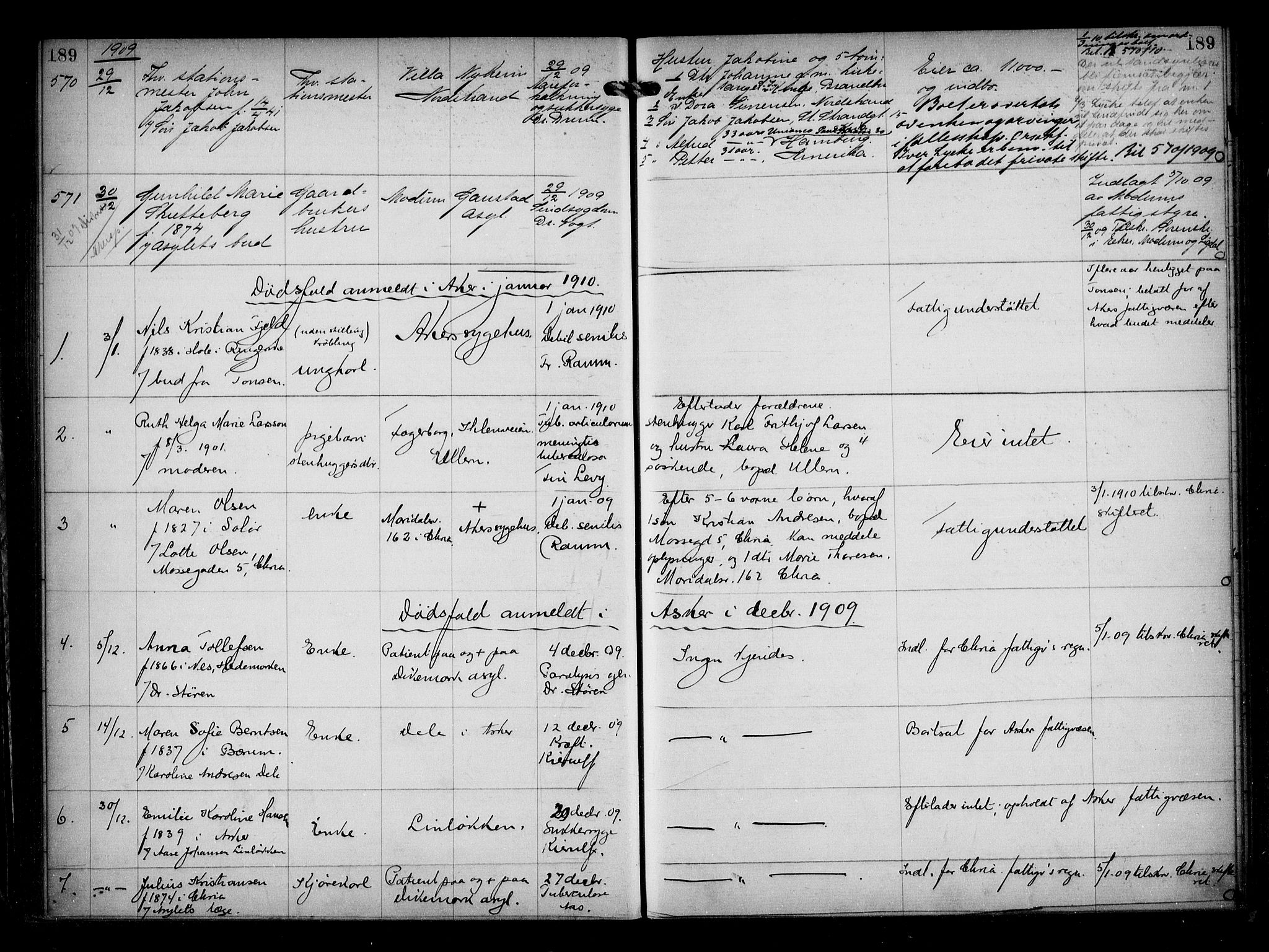 Aker kriminaldommer, skifte- og auksjonsforvalterembete, AV/SAO-A-10452/H/Hb/Hba/Hbaa/L0002: Dødsfallsprotokoll, 1907-1912, p. 189