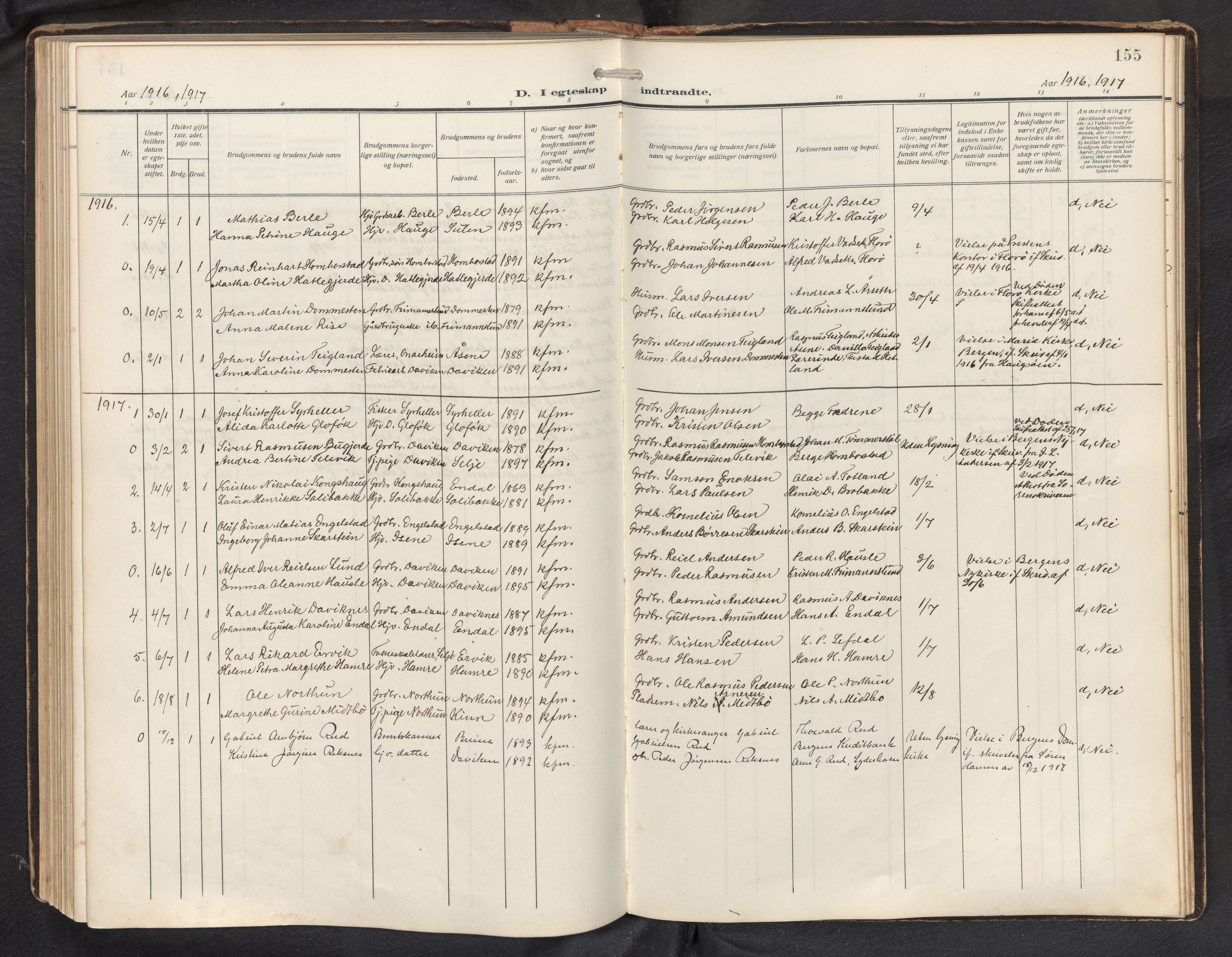 Davik sokneprestembete, AV/SAB-A-79701/H/Hab/Haba/L0003: Parish register (copy) no. A 3, 1912-1947, p. 154b-155a