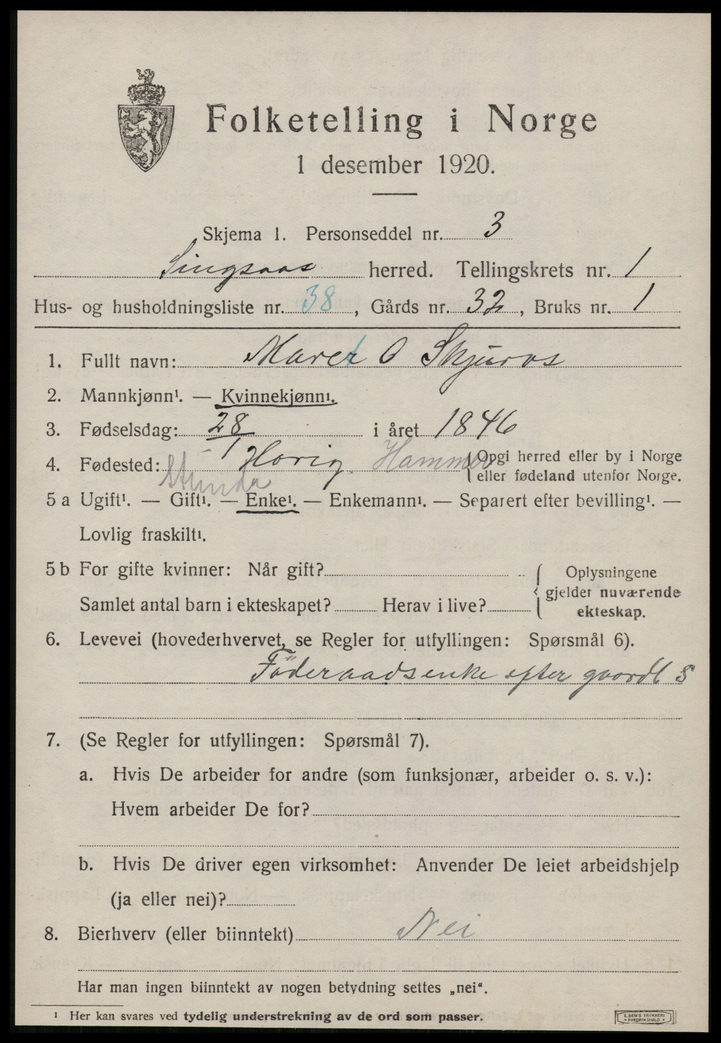 SAT, 1920 census for Singsås, 1920, p. 1105