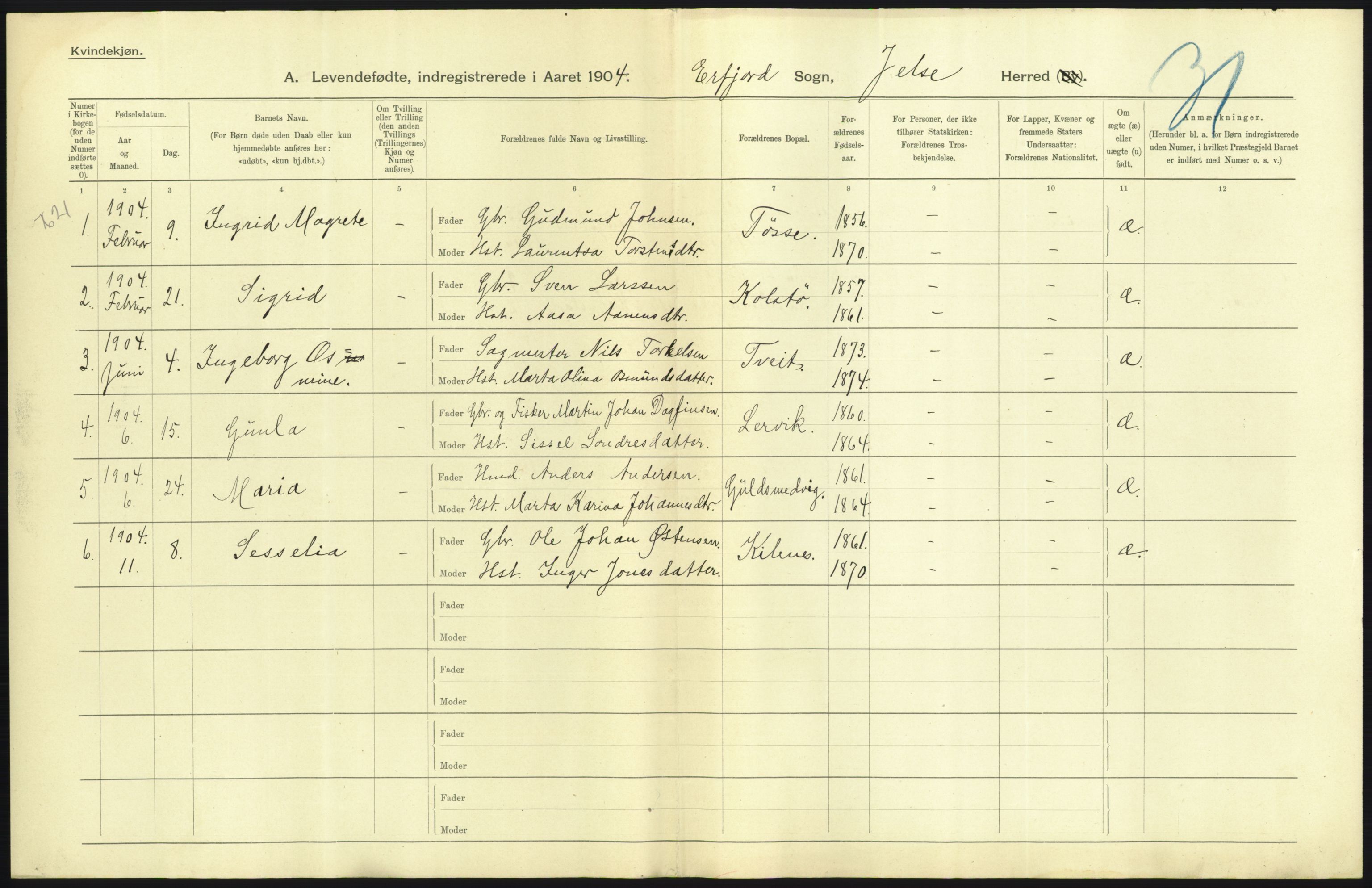 Statistisk sentralbyrå, Sosiodemografiske emner, Befolkning, AV/RA-S-2228/D/Df/Dfa/Dfab/L0012: Stavanger amt: Fødte, gifte, døde, 1904, p. 347