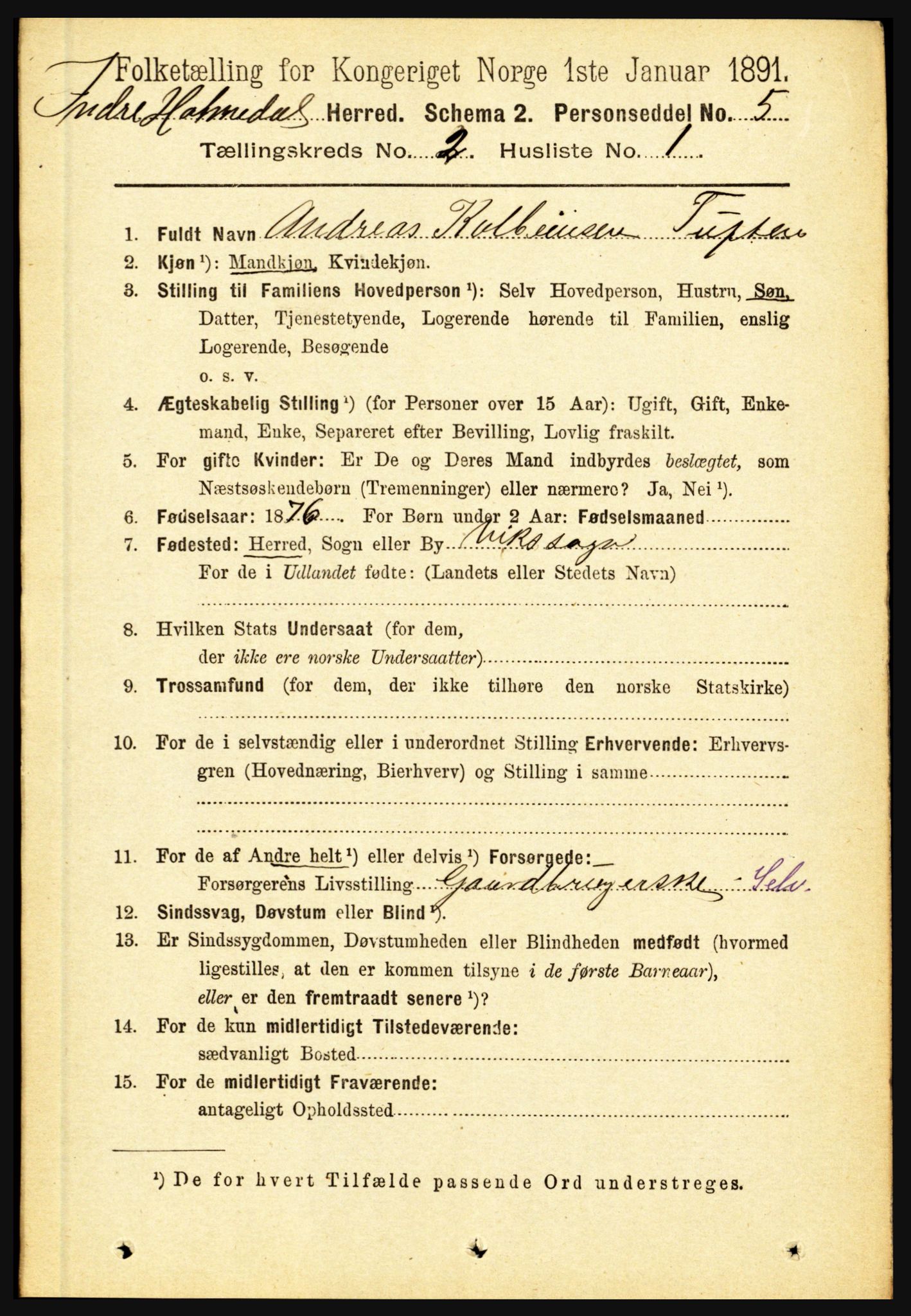 RA, 1891 census for 1430 Indre Holmedal, 1891, p. 461