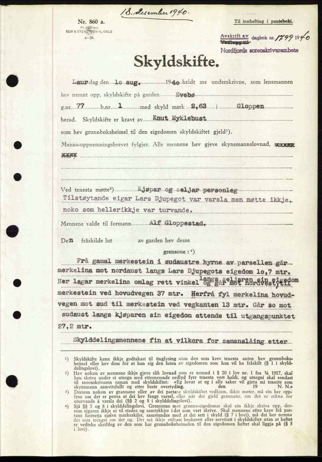 Nordfjord sorenskriveri, AV/SAB-A-2801/02/02b/02bj/L0006: Mortgage book no. A6, 1940-1941, Diary no: : 1799/1940