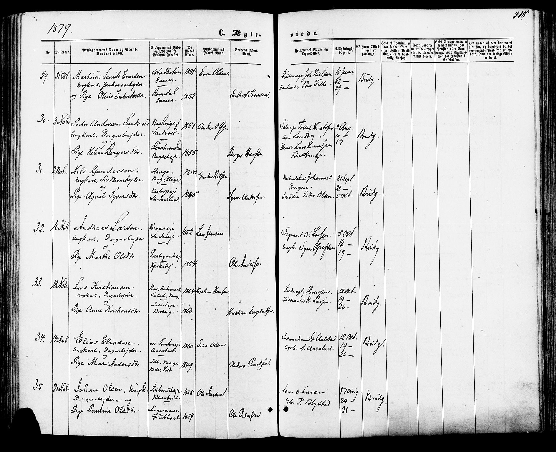 Vang prestekontor, Hedmark, SAH/PREST-008/H/Ha/Haa/L0015: Parish register (official) no. 15, 1871-1885, p. 318