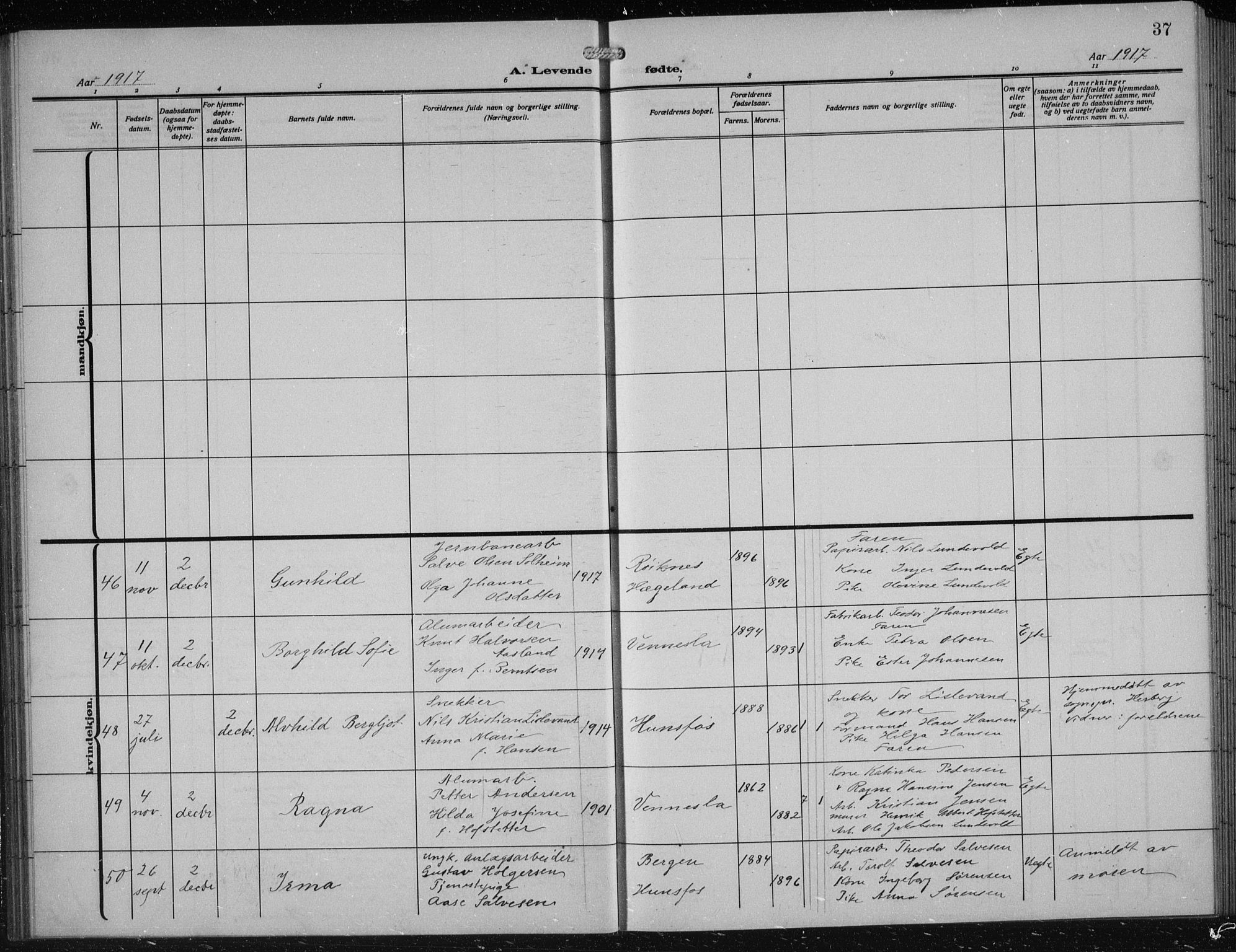 Vennesla sokneprestkontor, SAK/1111-0045/Fb/Fbb/L0006: Parish register (copy) no. B 6, 1914-1921, p. 37