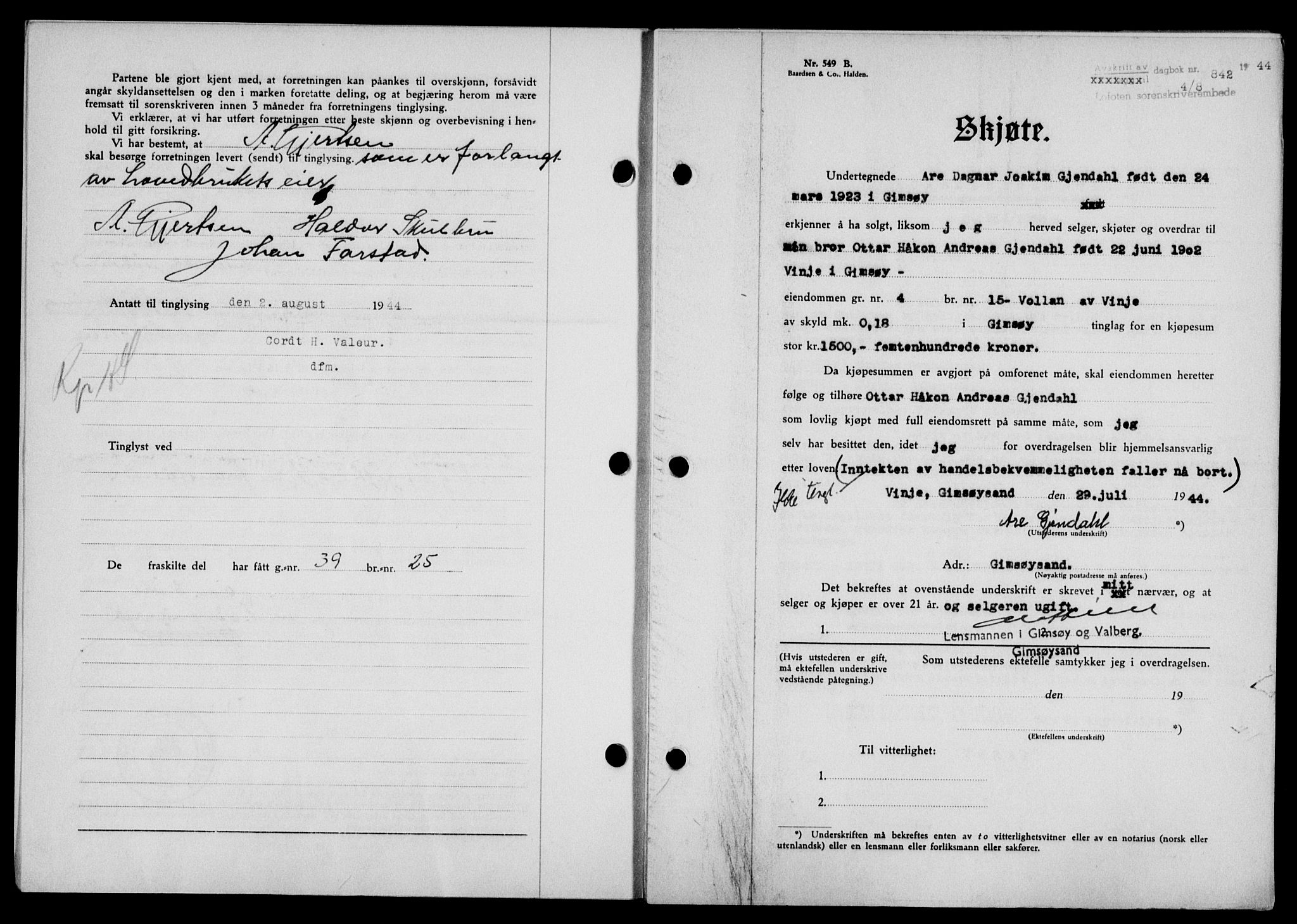 Lofoten sorenskriveri, SAT/A-0017/1/2/2C/L0012a: Mortgage book no. 12a, 1943-1944, Diary no: : 842/1944