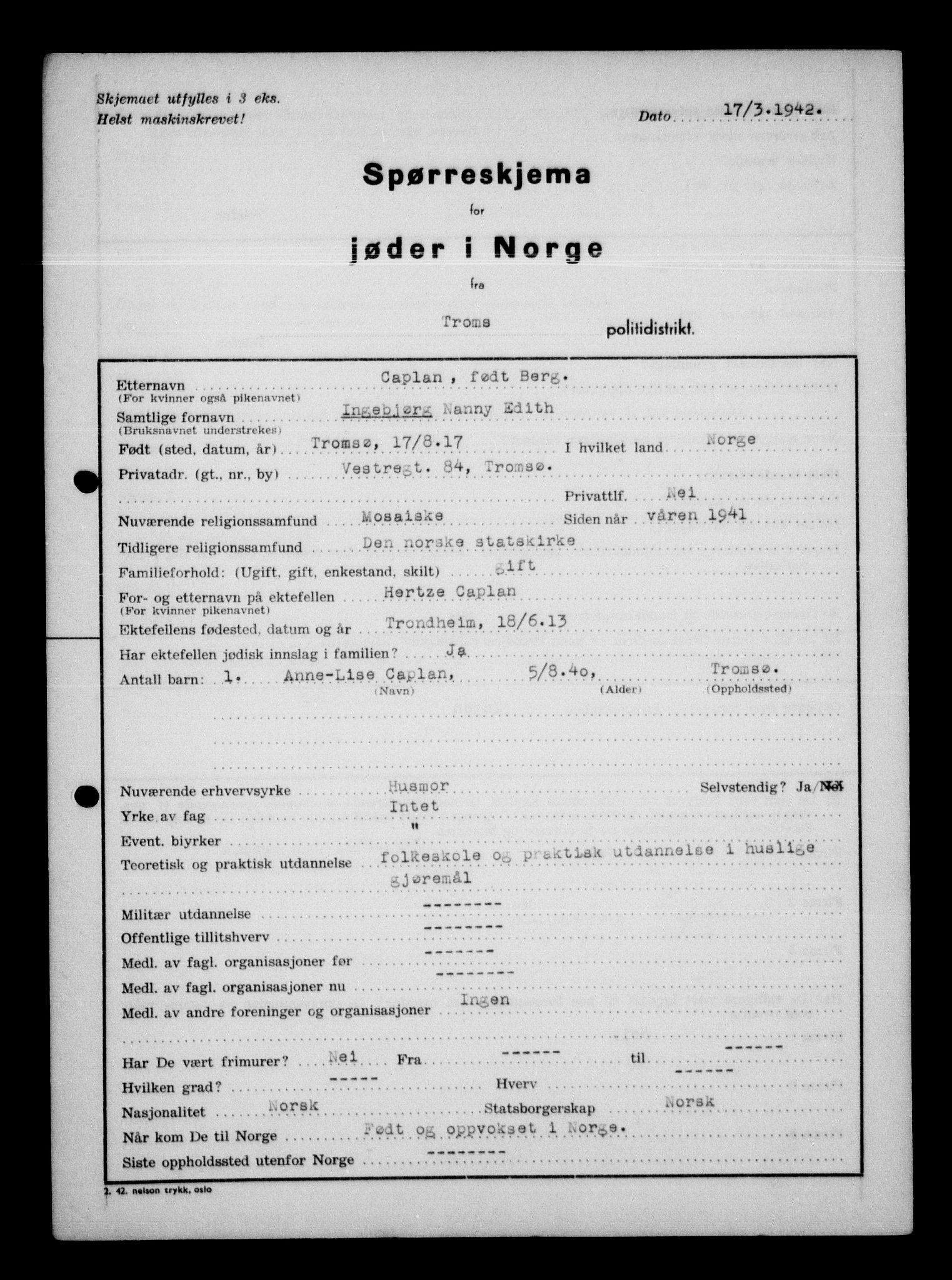 Statspolitiet - Hovedkontoret / Osloavdelingen, AV/RA-S-1329/G/Ga/L0013: Spørreskjema for jøder i Norge. 1: Sandefjord-Trondheim. 2: Tønsberg- Ålesund.  3: Skriv vedr. jøder A-H.  , 1942-1943, p. 118