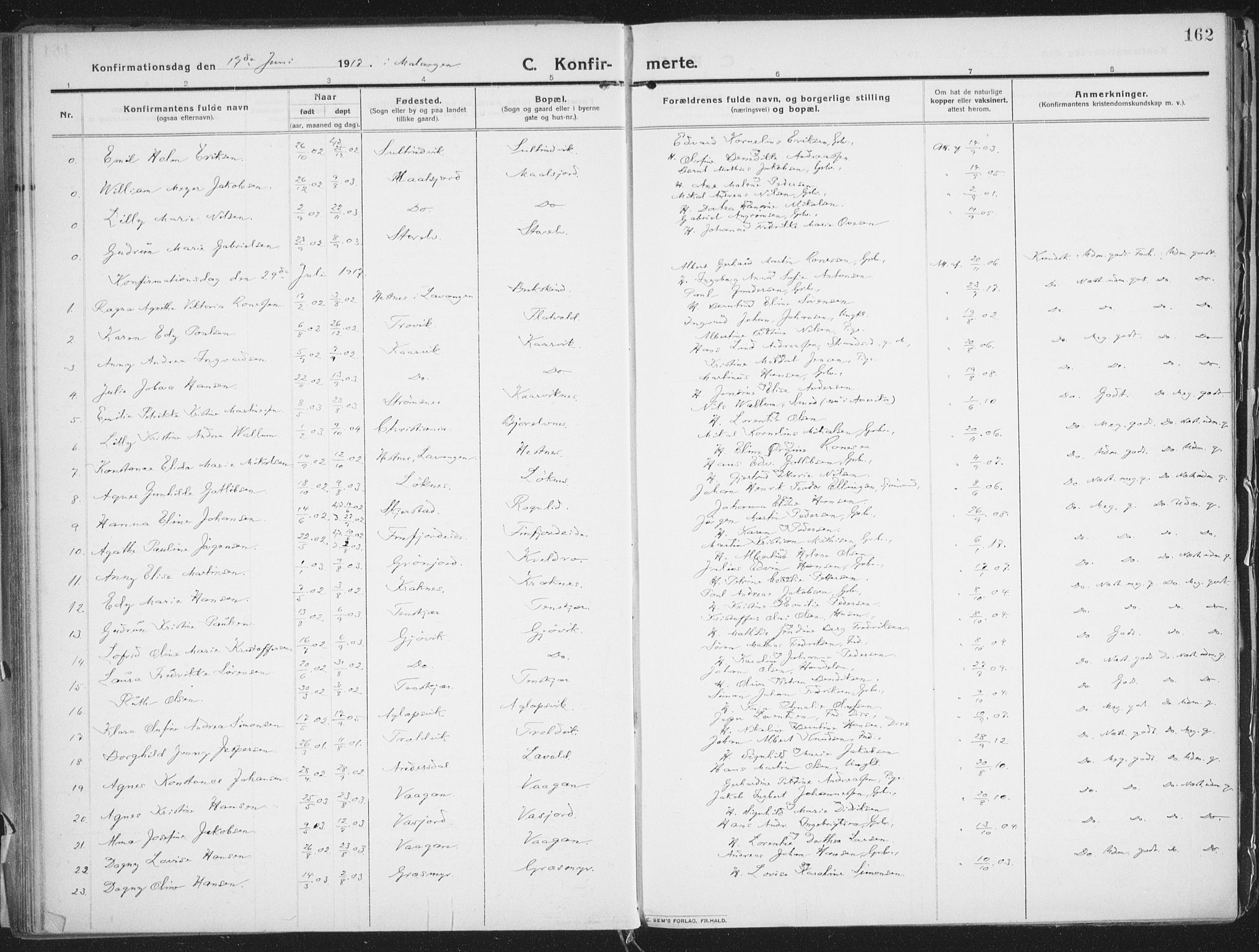 Lenvik sokneprestembete, AV/SATØ-S-1310/H/Ha/Haa/L0016kirke: Parish register (official) no. 16, 1910-1924, p. 162