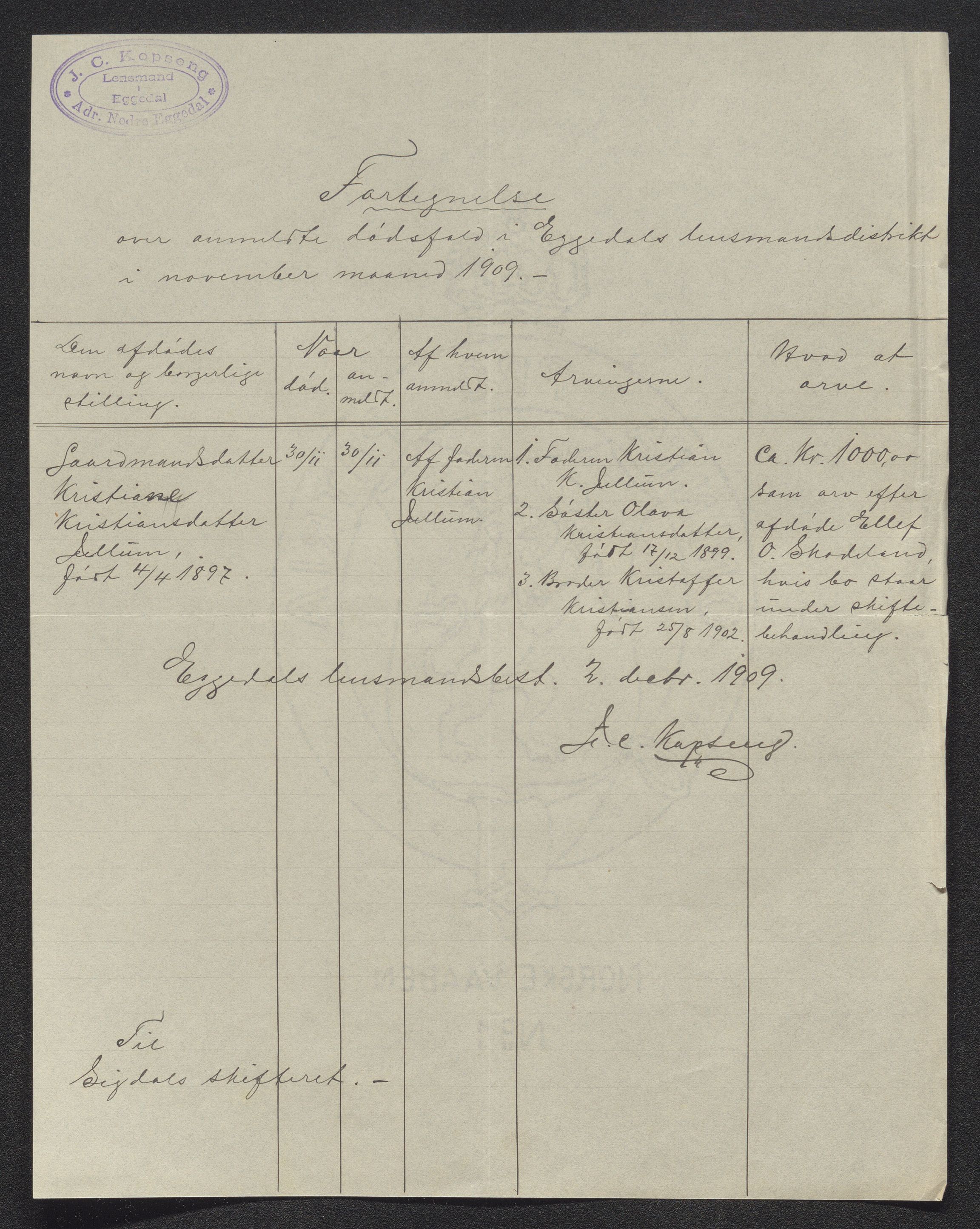 Eiker, Modum og Sigdal sorenskriveri, AV/SAKO-A-123/H/Ha/Hab/L0033: Dødsfallsmeldinger, 1909-1910, p. 407