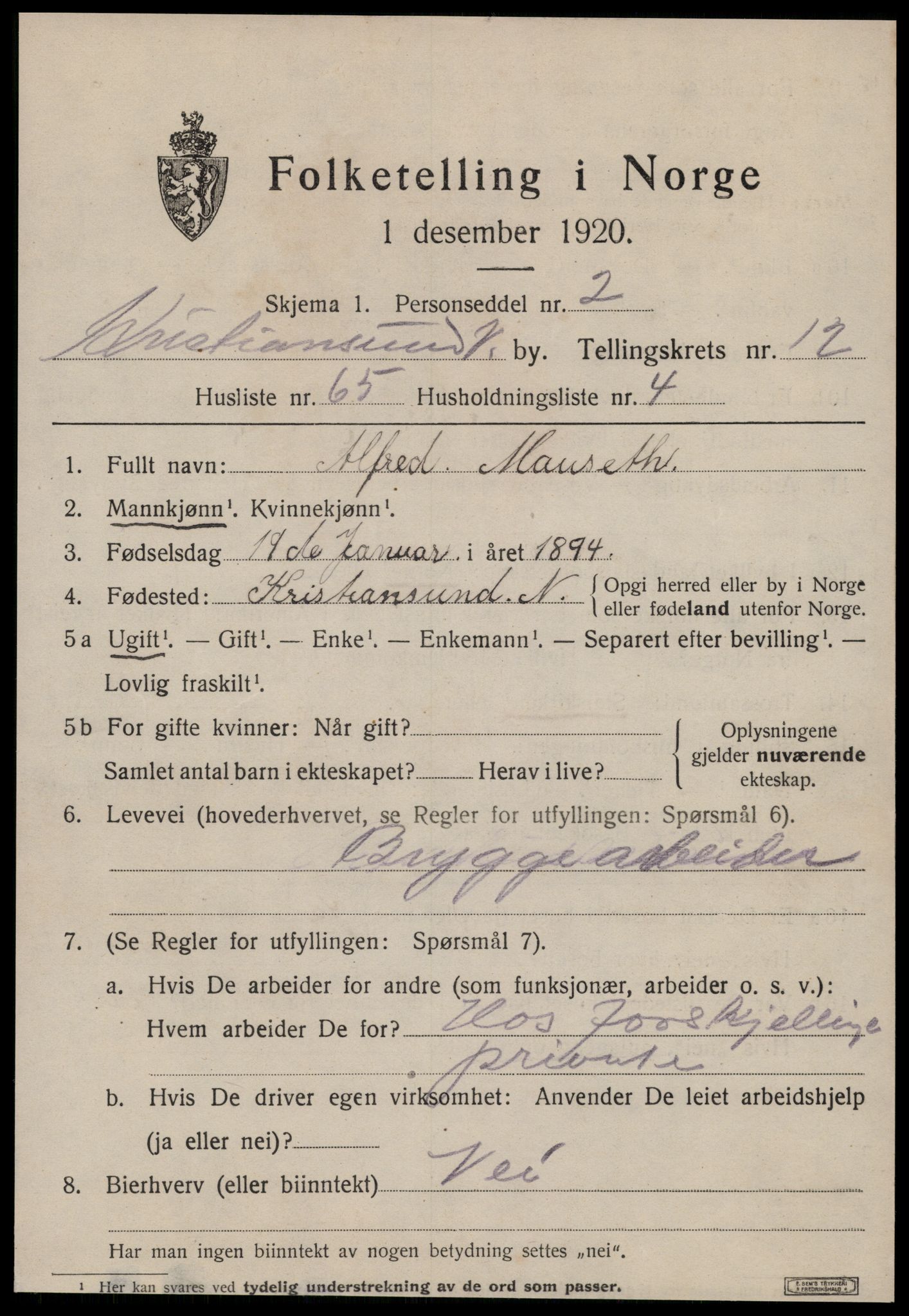 SAT, 1920 census for Kristiansund, 1920, p. 26427