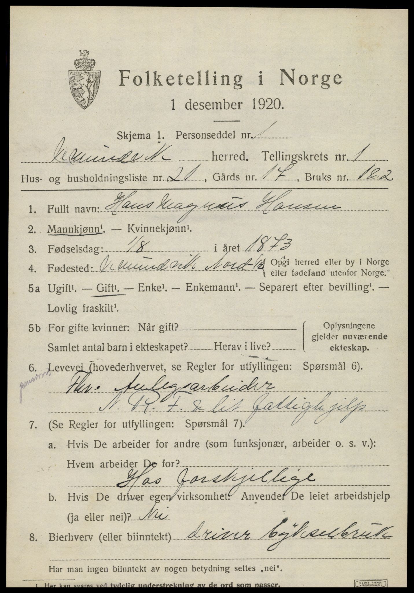 SAT, 1920 census for Vemundvik, 1920, p. 1019