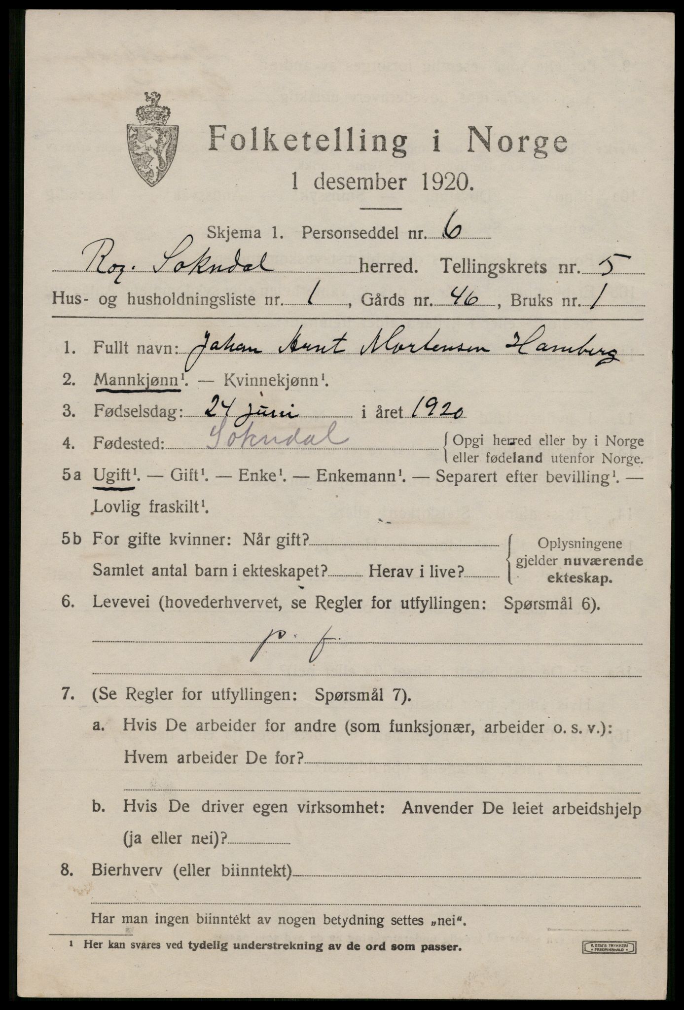 SAST, 1920 census for Sokndal, 1920, p. 3253