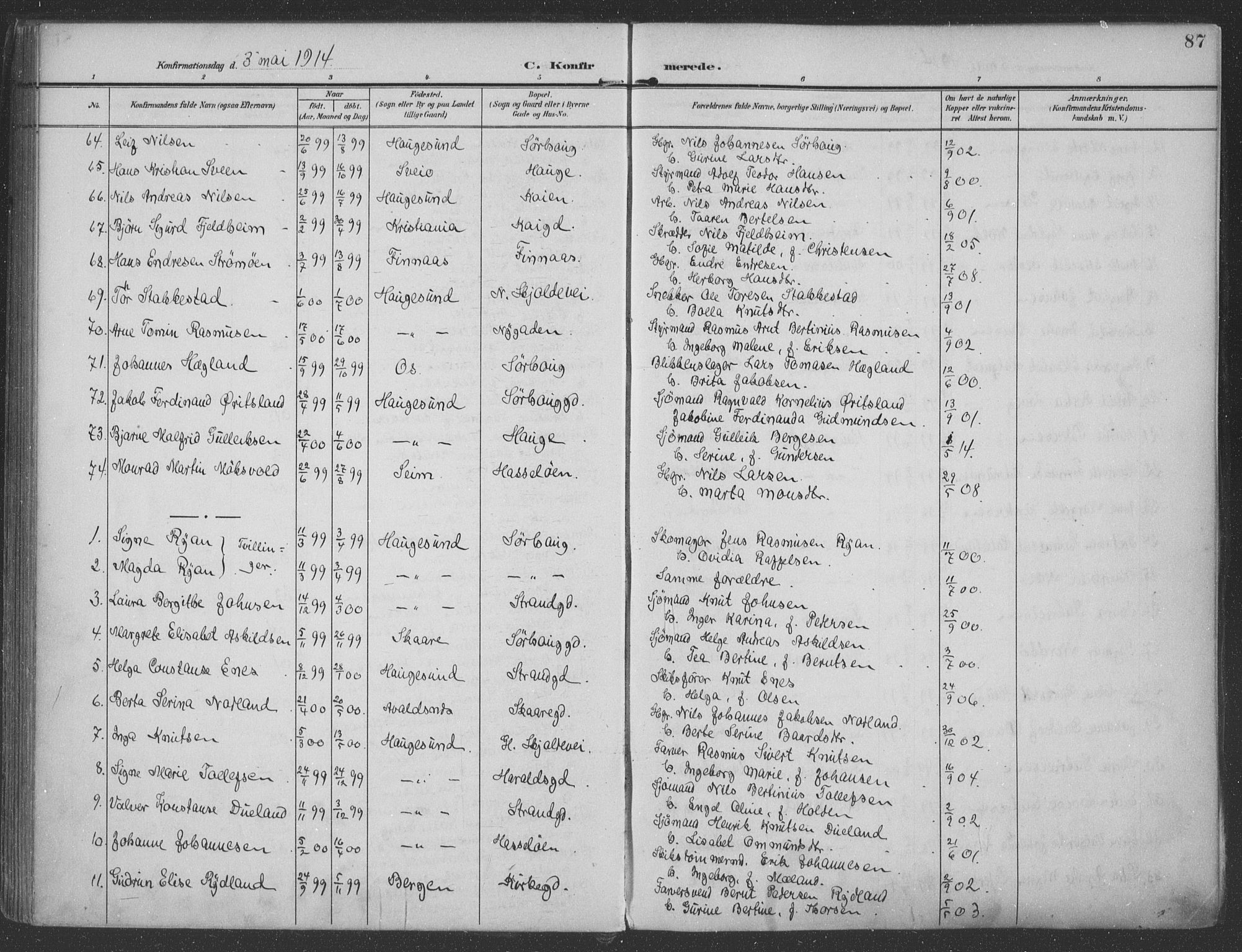 Haugesund sokneprestkontor, AV/SAST-A -101863/H/Ha/Haa/L0007: Parish register (official) no. A 7, 1904-1916, p. 87