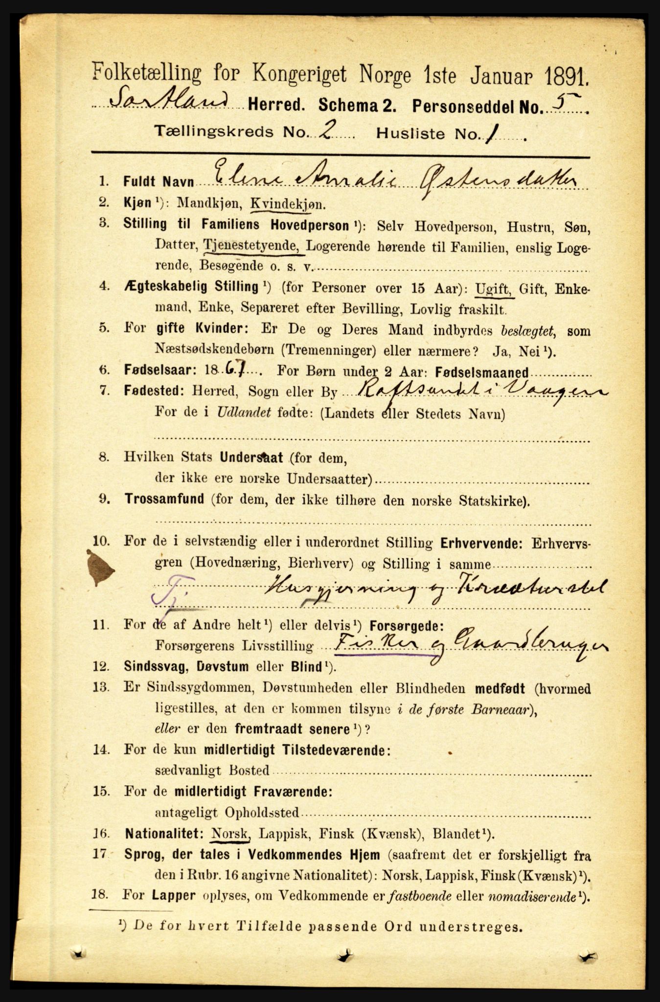 RA, 1891 census for 1870 Sortland, 1891, p. 988