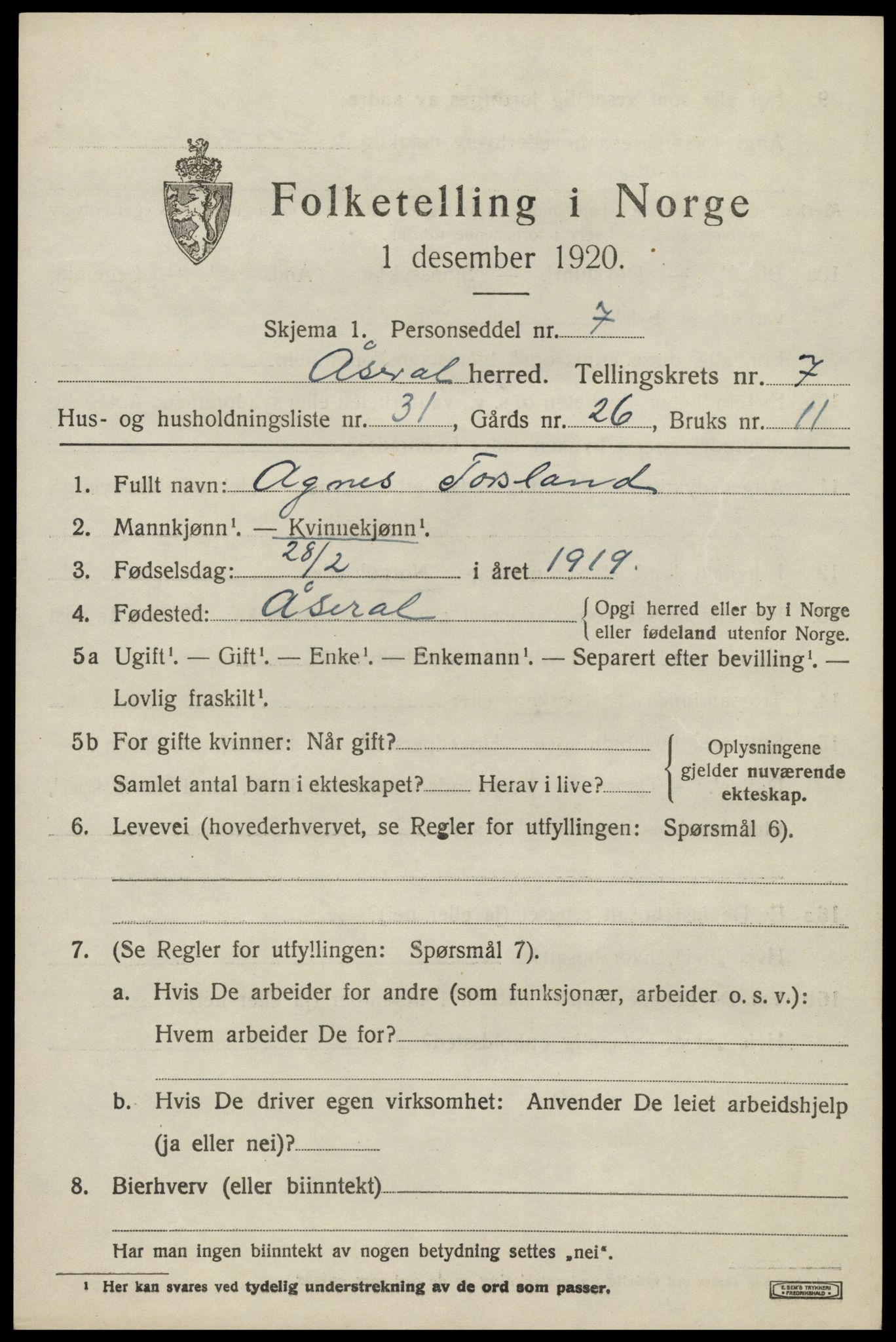 SAK, 1920 census for Åseral, 1920, p. 2422