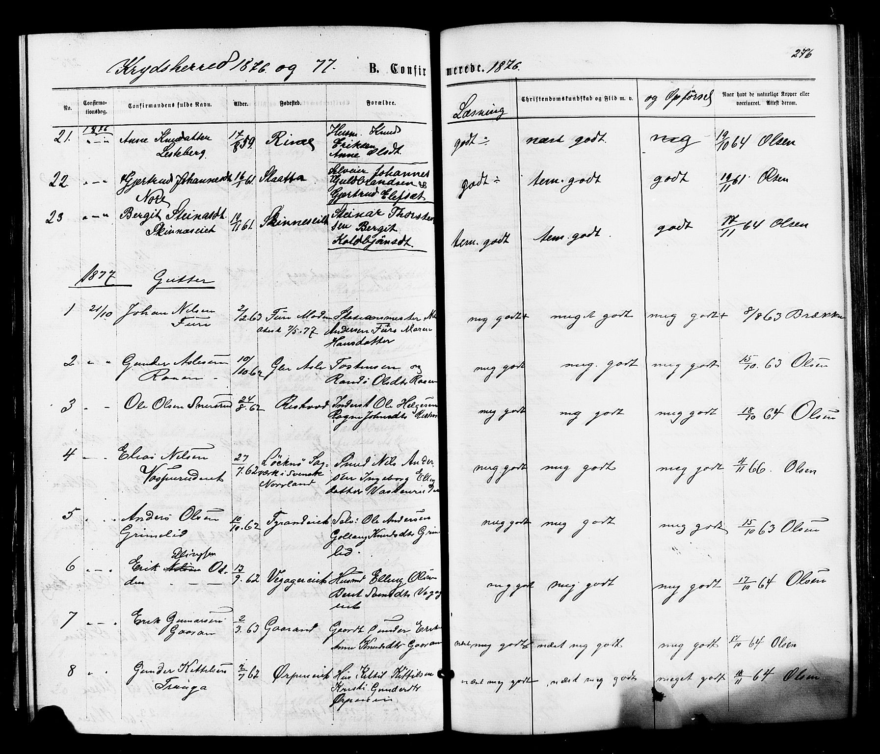 Sigdal kirkebøker, AV/SAKO-A-245/F/Fa/L0010: Parish register (official) no. I 10 /2, 1872-1878, p. 276