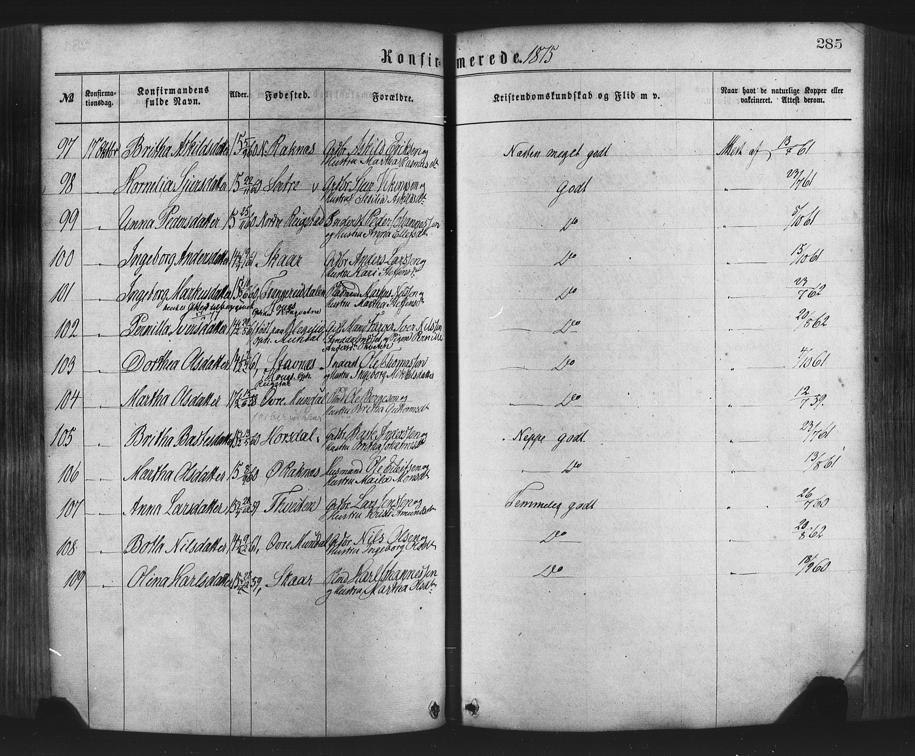 Hamre sokneprestembete, AV/SAB-A-75501/H/Ha/Haa/Haaa/L0015: Parish register (official) no. A 15, 1870-1881, p. 285