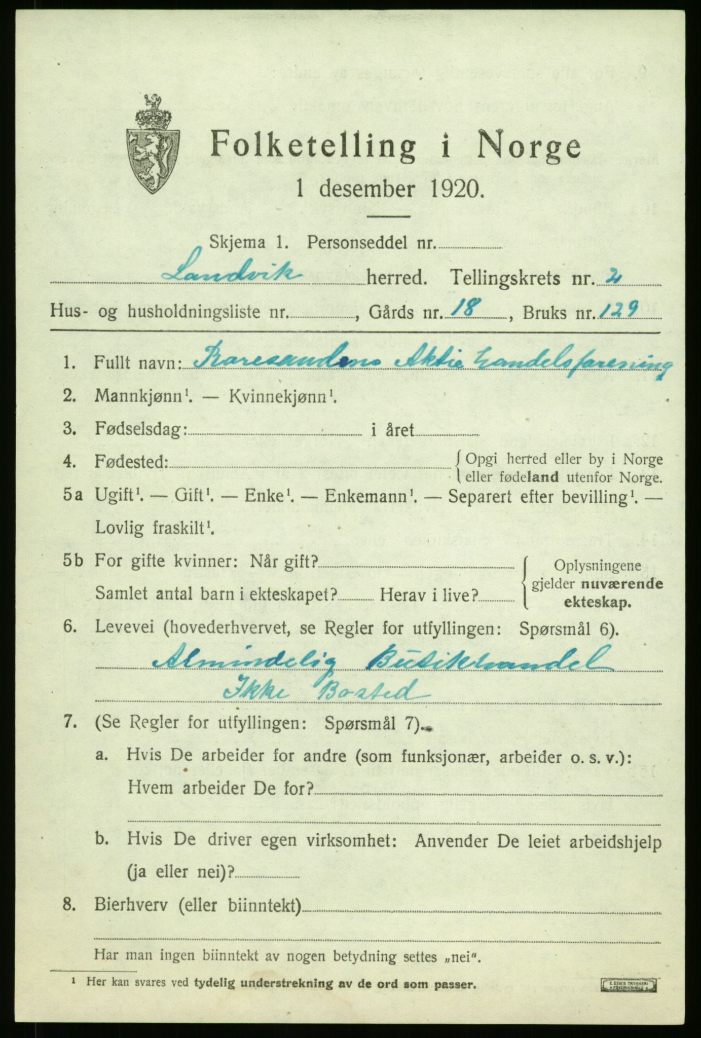 RA, 1920 census: Additional forms, 1920, p. 65