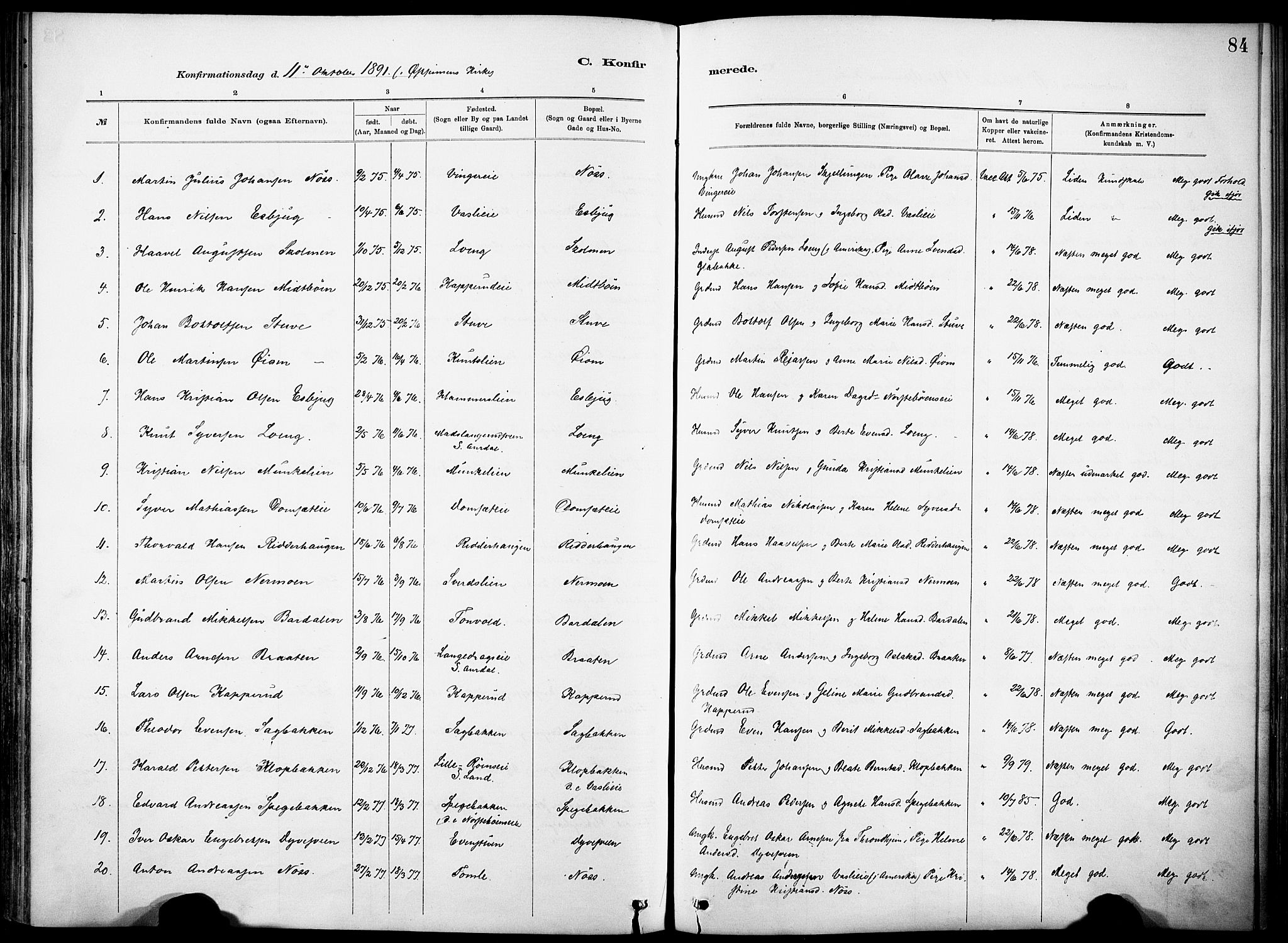Nordre Land prestekontor, SAH/PREST-124/H/Ha/Haa/L0005: Parish register (official) no. 5, 1882-1903, p. 84