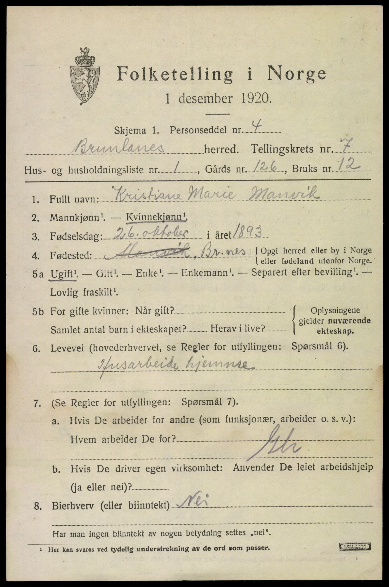 SAKO, 1920 census for Brunlanes, 1920, p. 7061