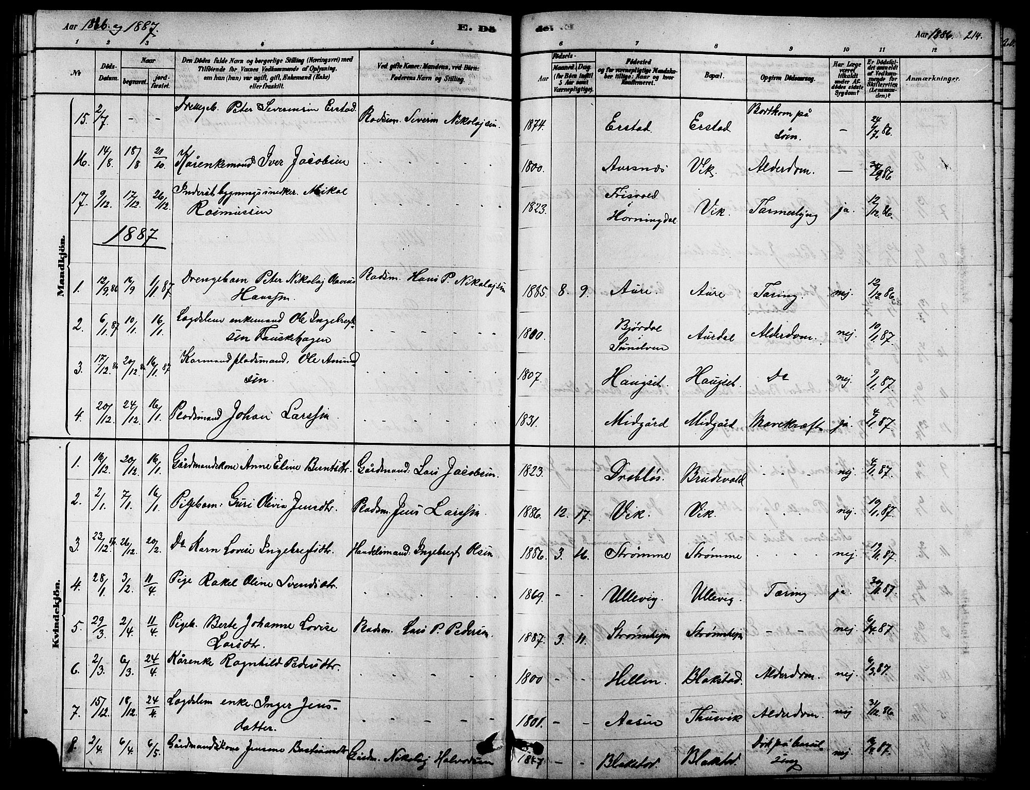 Ministerialprotokoller, klokkerbøker og fødselsregistre - Møre og Romsdal, SAT/A-1454/523/L0339: Parish register (copy) no. 523C02, 1878-1891, p. 214