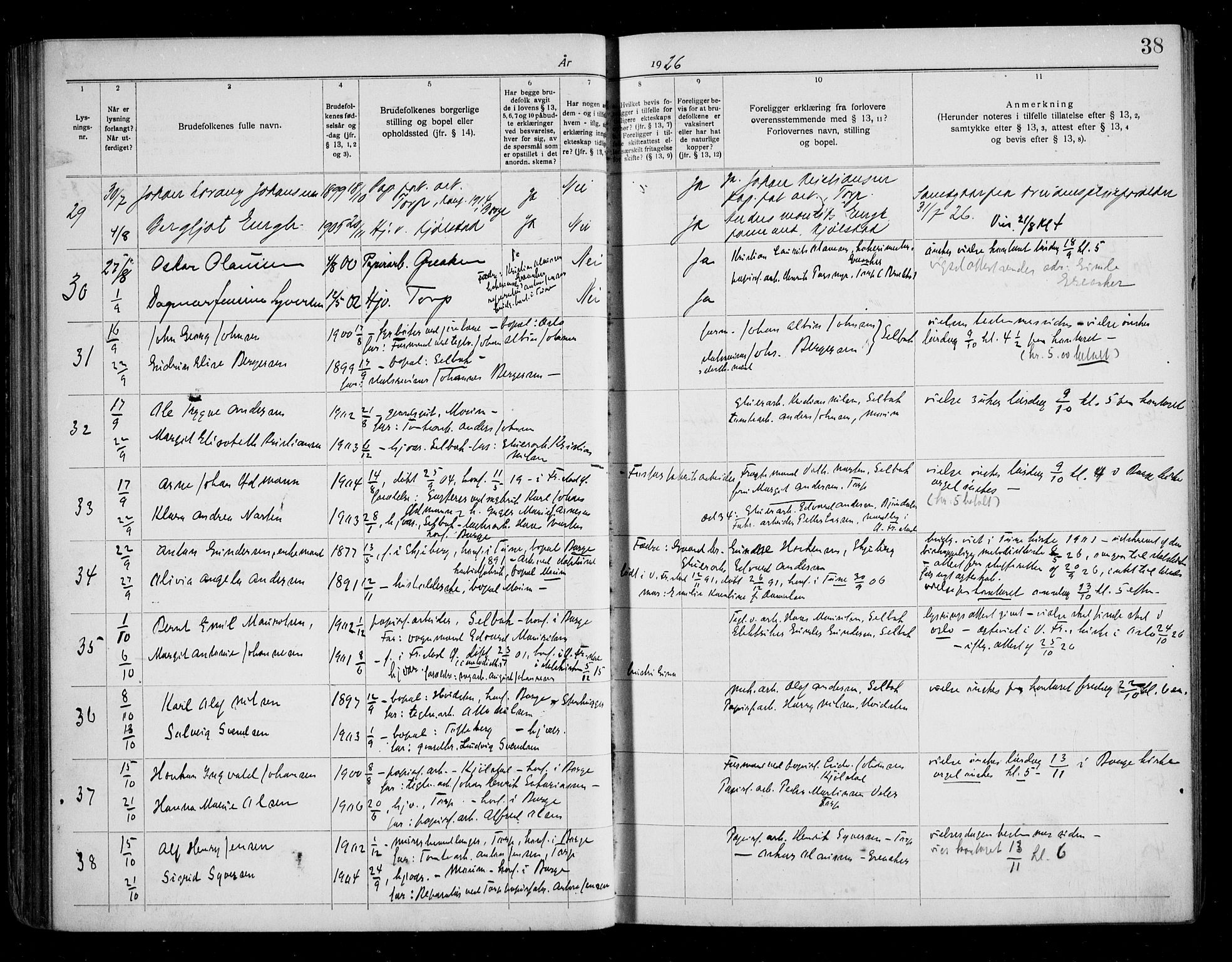 Borge prestekontor Kirkebøker, SAO/A-10903/H/Ha/L0001: Banns register no. I 1, 1919-1936, p. 38