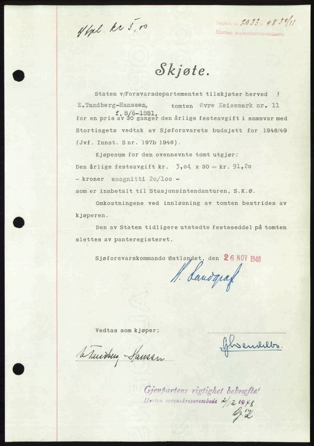 Horten sorenskriveri, AV/SAKO-A-133/G/Ga/Gaa/L0011: Mortgage book no. A-11, 1948-1948, Diary no: : 2033/1948