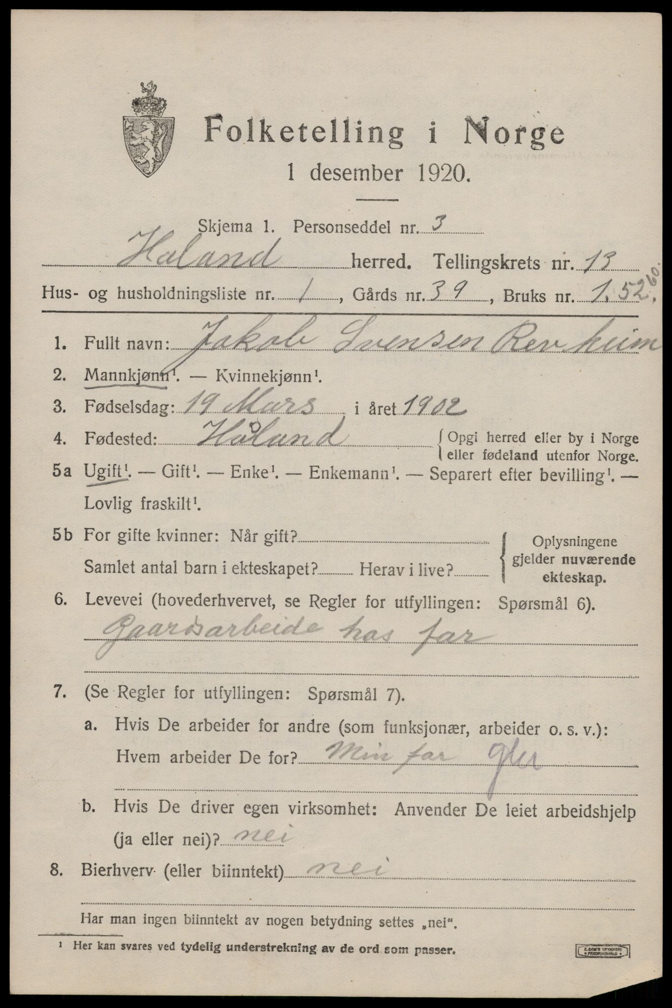 SAST, 1920 census for Håland, 1920, p. 9237