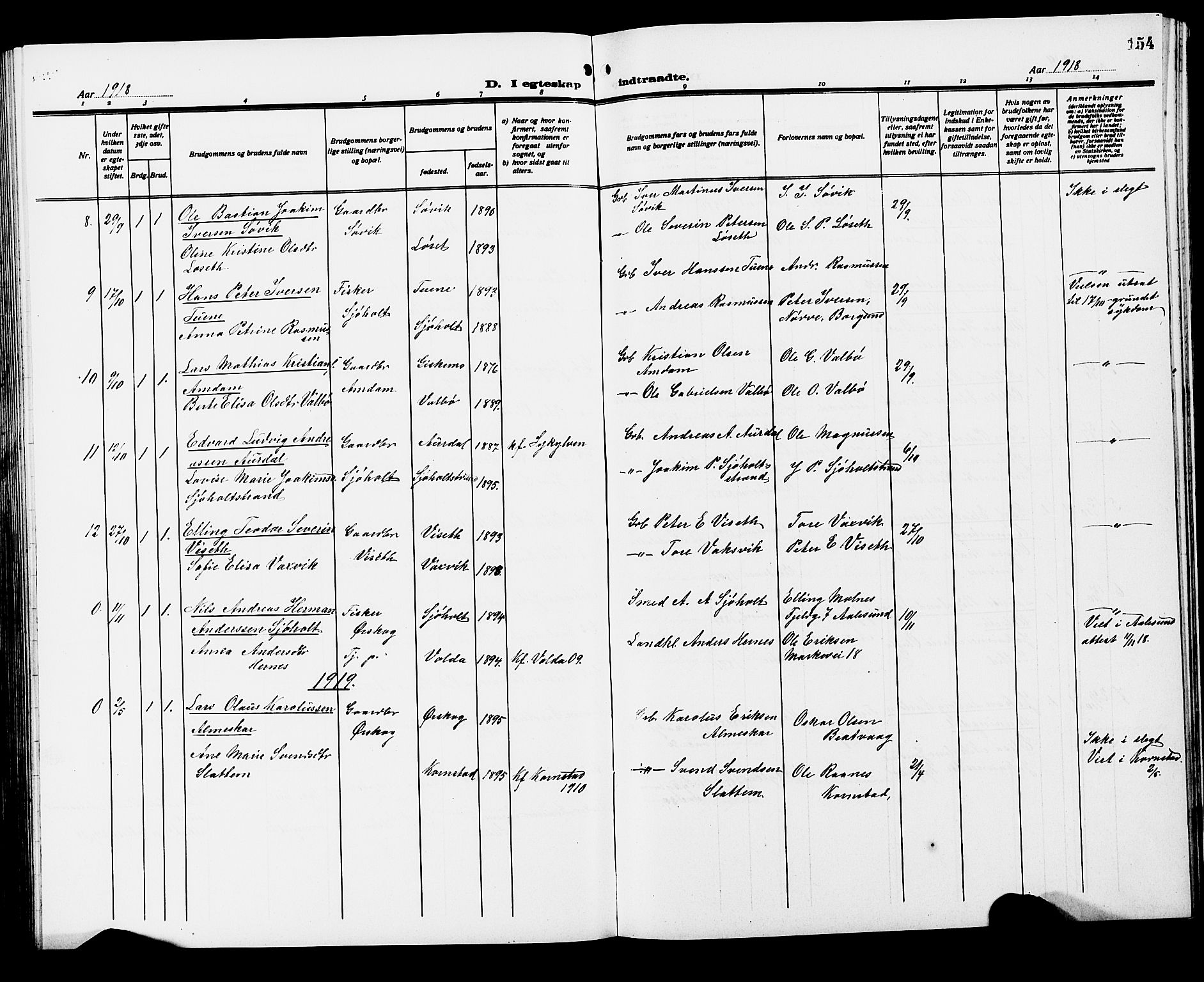 Ministerialprotokoller, klokkerbøker og fødselsregistre - Møre og Romsdal, AV/SAT-A-1454/522/L0328: Parish register (copy) no. 522C07, 1909-1925, p. 154