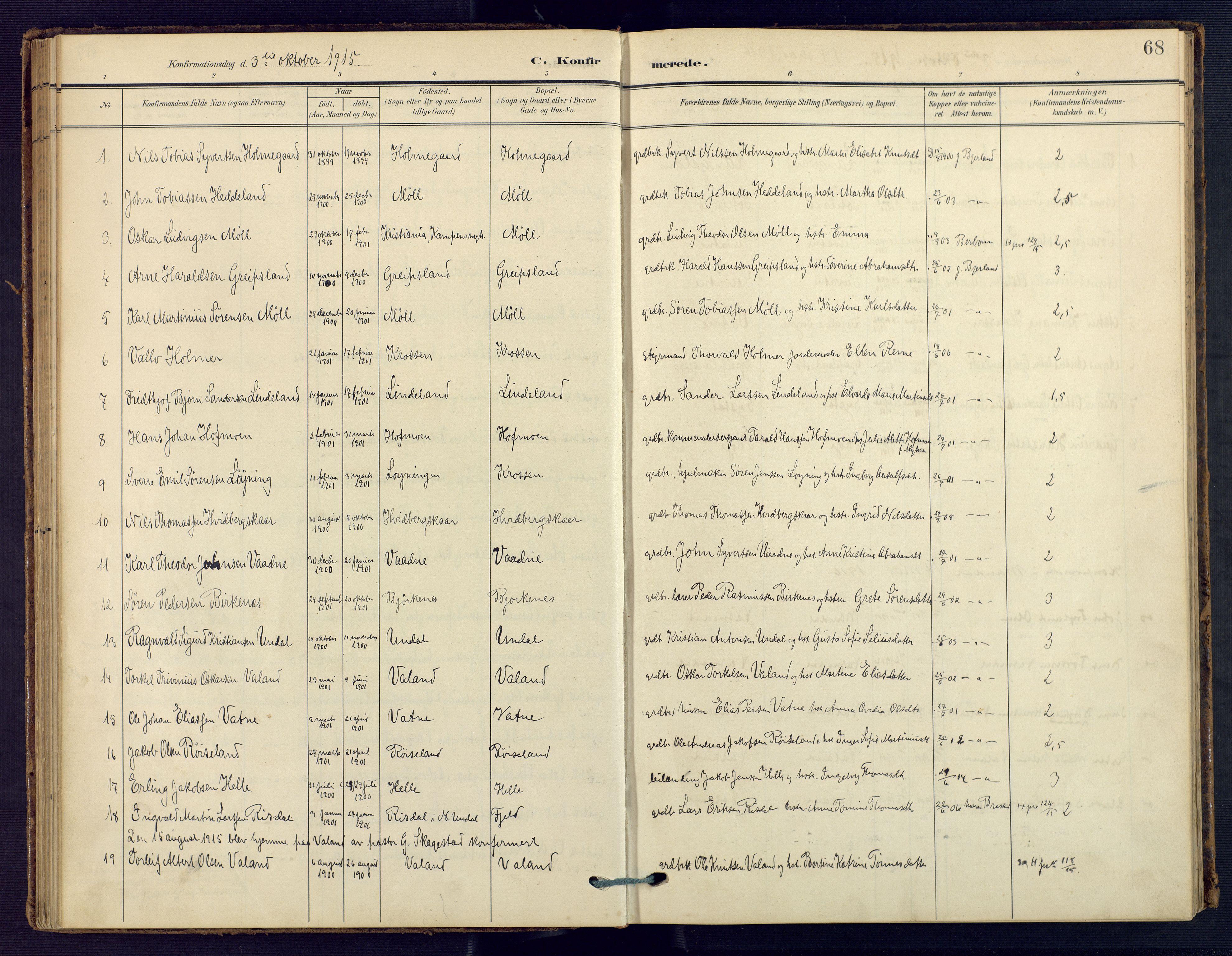 Holum sokneprestkontor, AV/SAK-1111-0022/F/Fa/Faa/L0008: Parish register (official) no. A 8, 1908-1929, p. 68