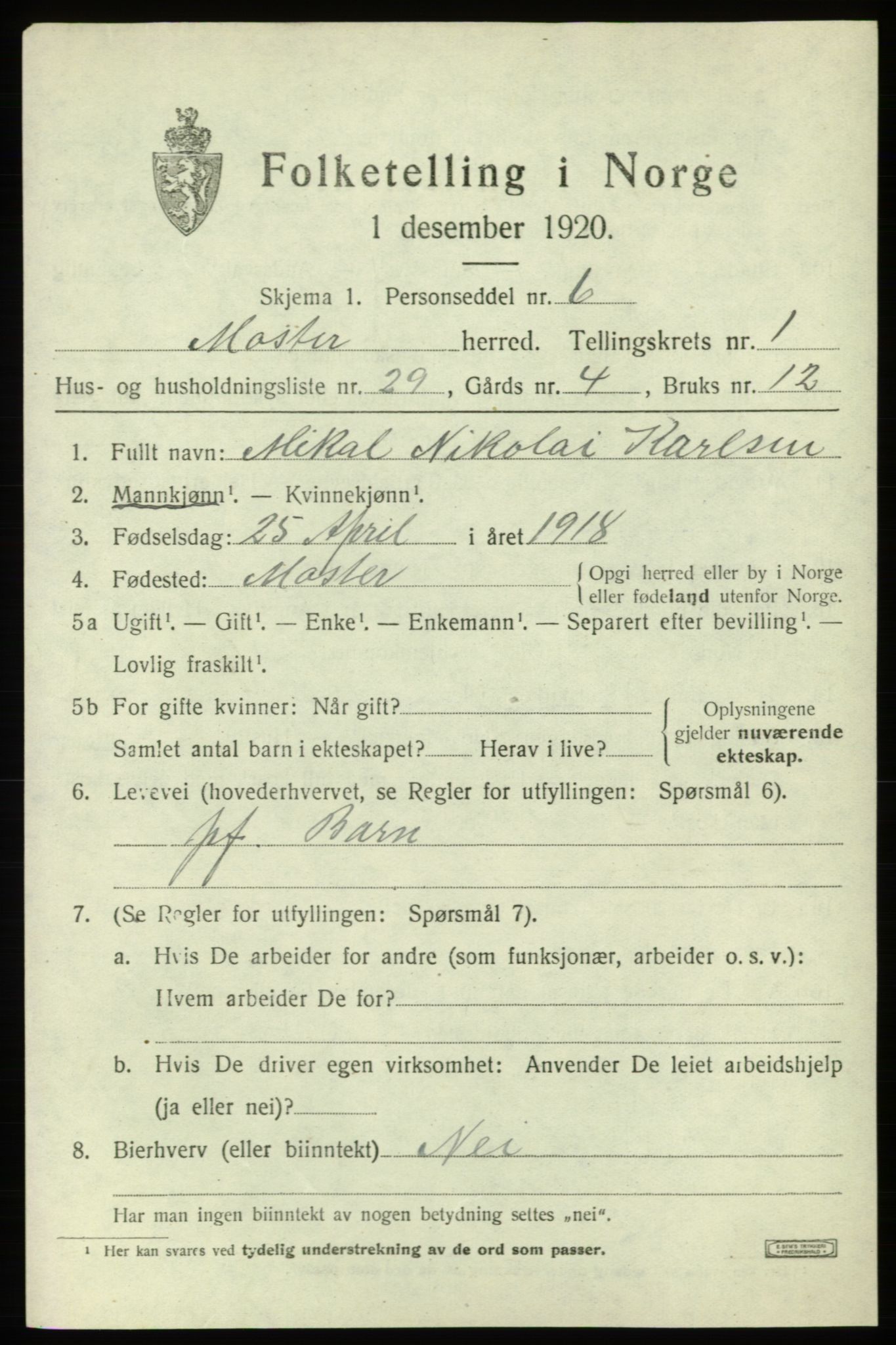 SAB, 1920 census for Moster, 1920, p. 803