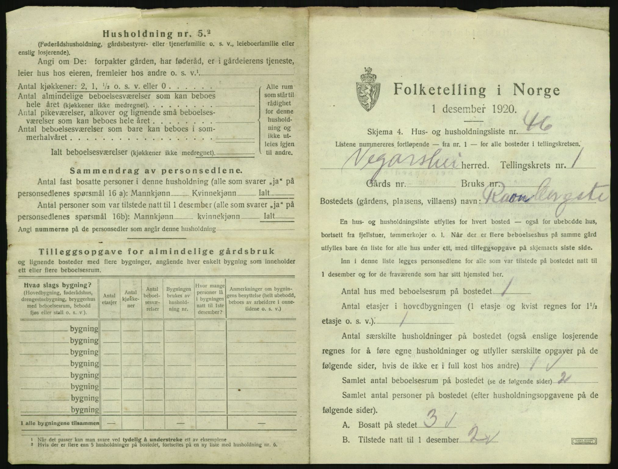 SAK, 1920 census for Vegårshei, 1920, p. 142