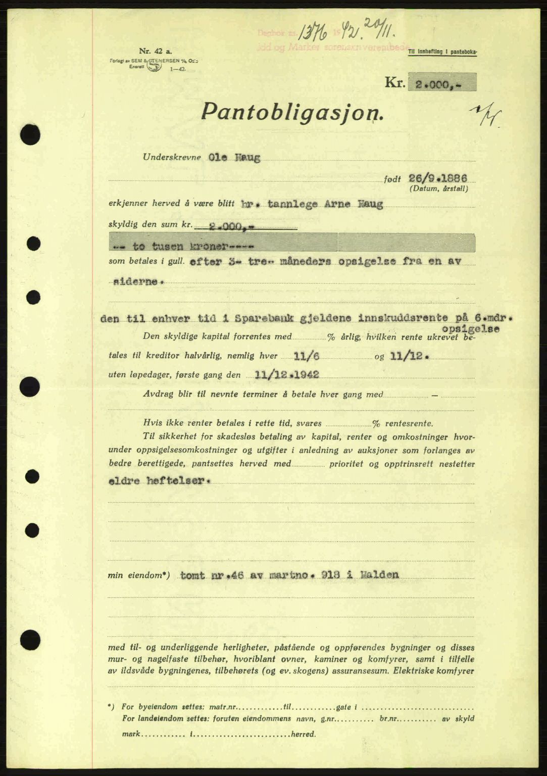 Idd og Marker sorenskriveri, AV/SAO-A-10283/G/Gb/Gbc/L0002: Mortgage book no. B4-9a, 1939-1945, Diary no: : 1376/1942